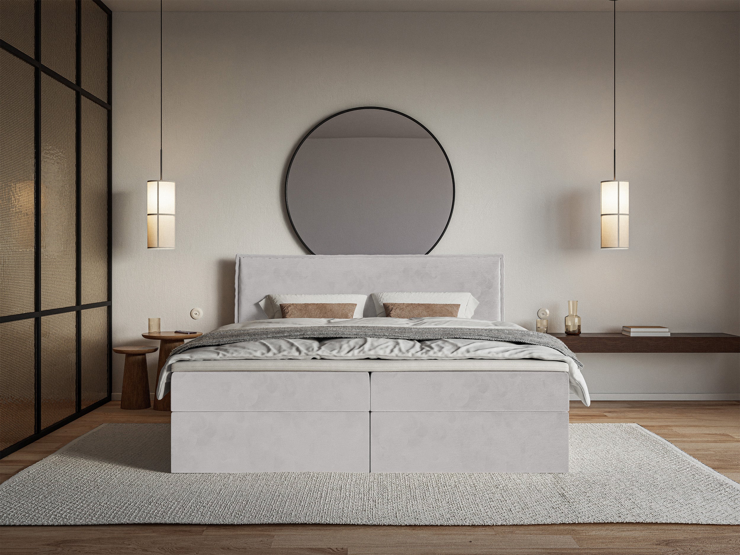 Łóżko kontynentalne 140x200 cm Softie z pojemnikami i topperem jasnoszare welur hydrofobowy