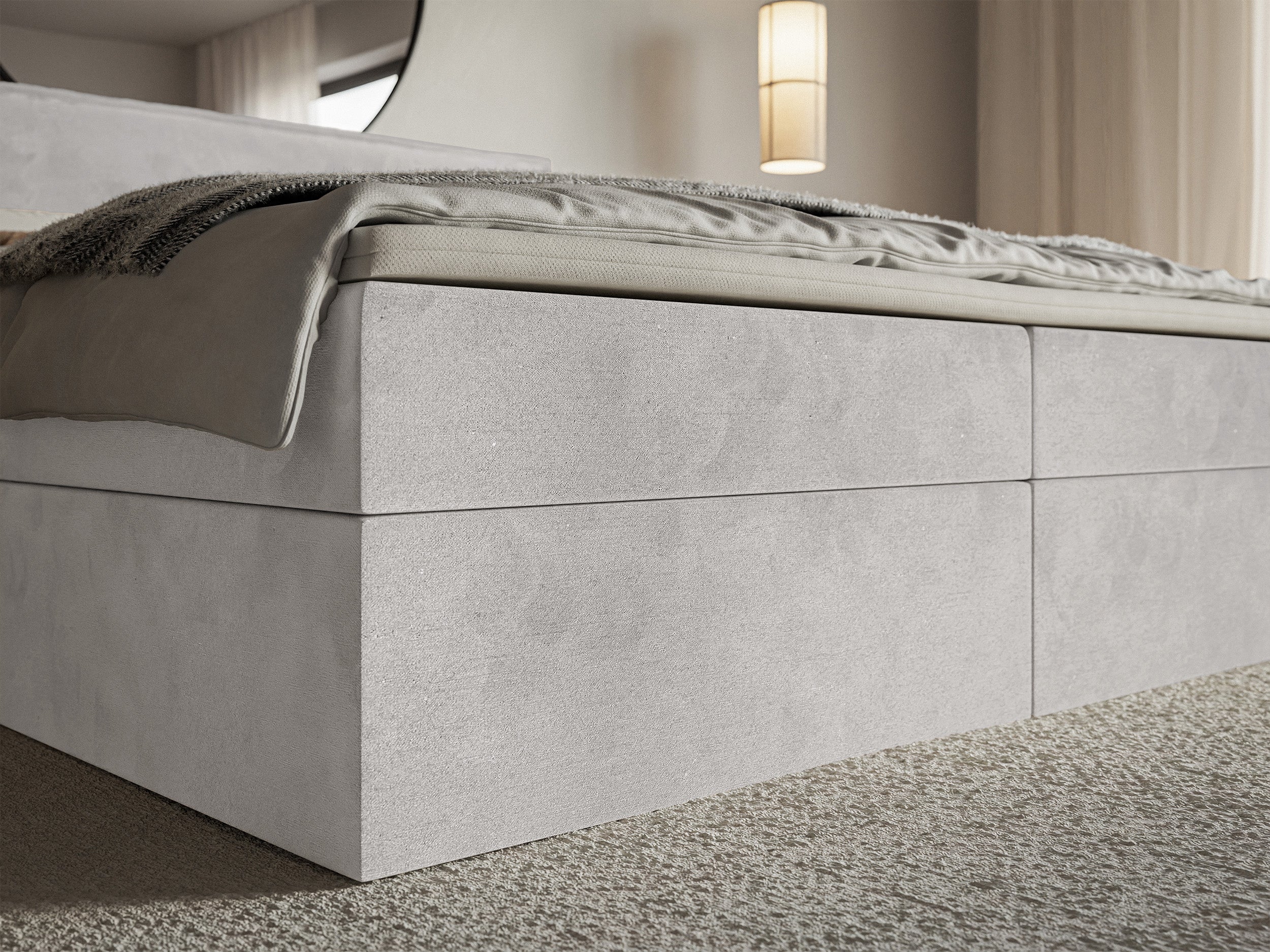 Łóżko kontynentalne 160x200 cm Softie z pojemnikami i topperem jasnoszare welur hydrofobowy