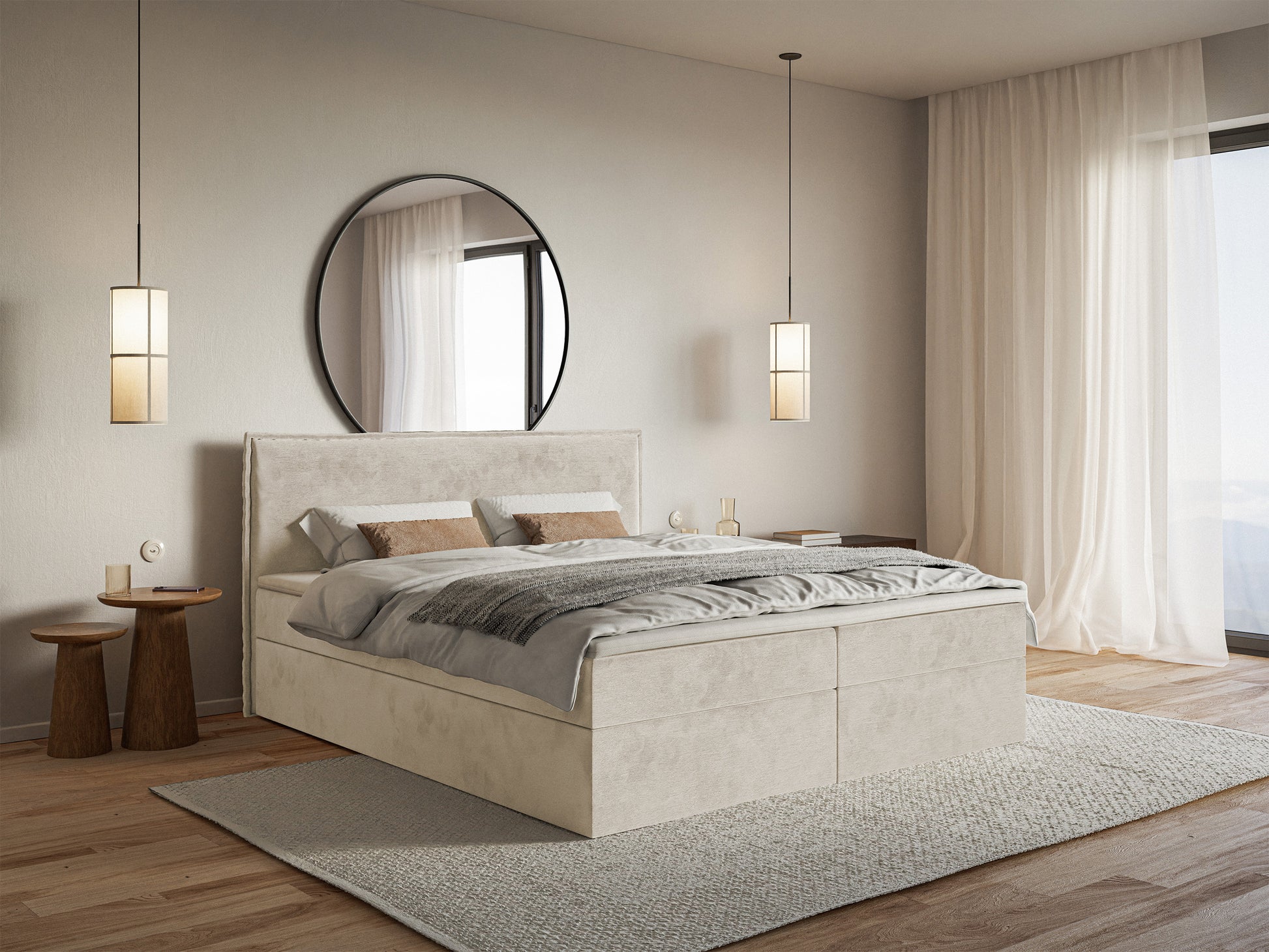 Łóżko kontynentalne 180x200 cm Softie z pojemnikami i topperem beżowe welur hydrofobowy - z materacem