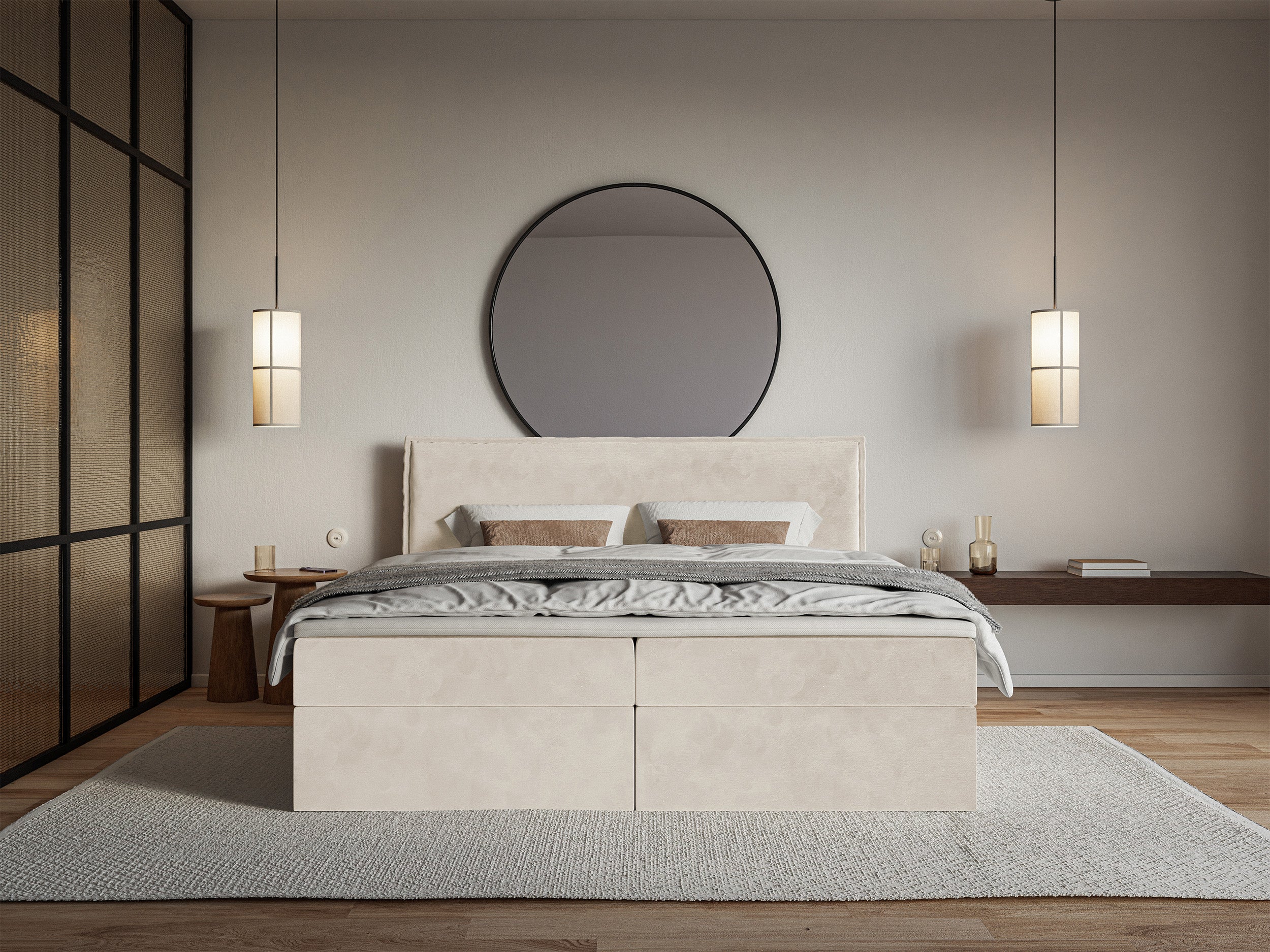 Łóżko kontynentalne 160x200 cm Softie z pojemnikami i topperem beżowe welur hydrofobowy
