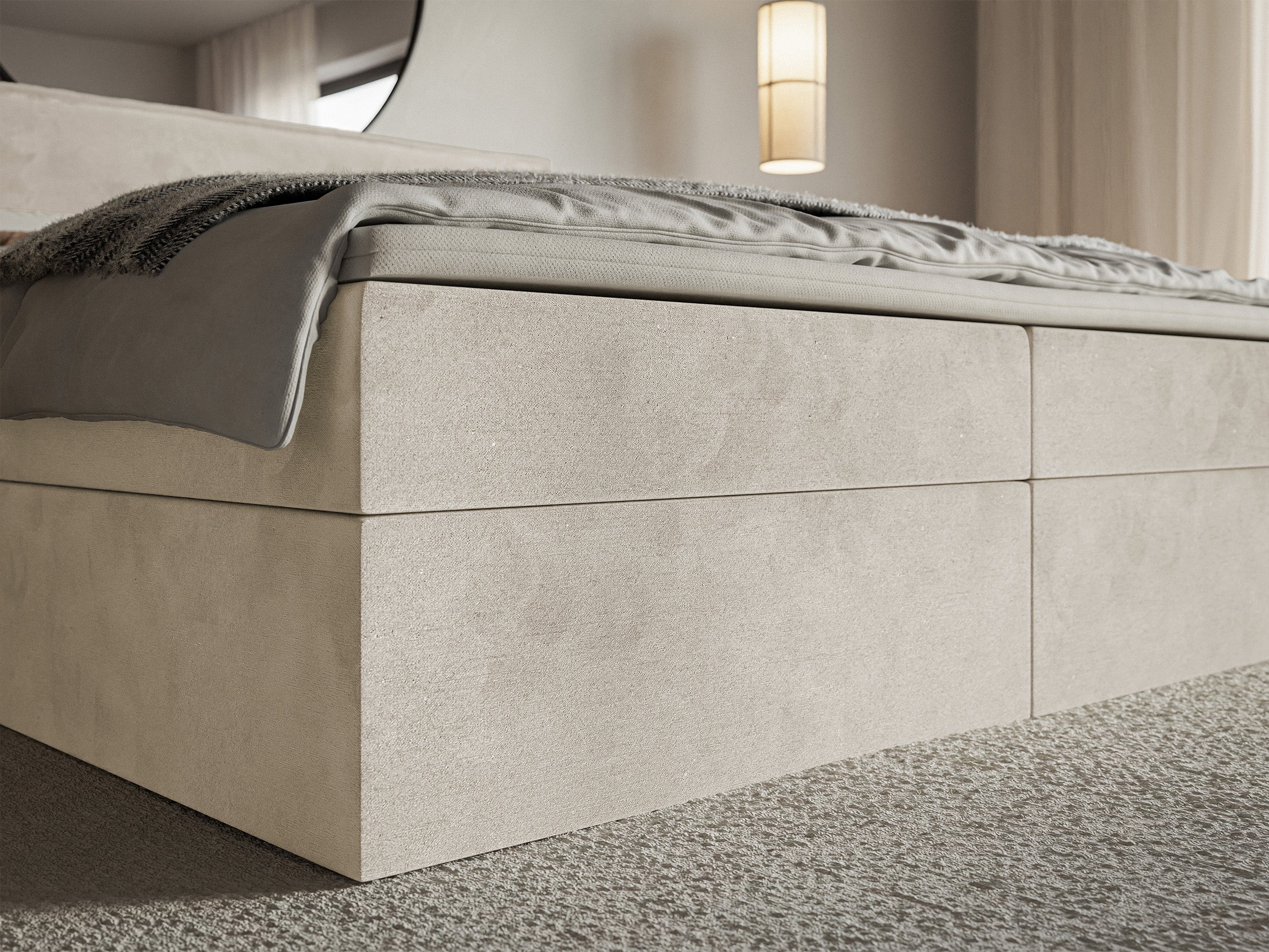 Łóżko kontynentalne 160x200 cm Softie z pojemnikami i topperem beżowe welur hydrofobowy