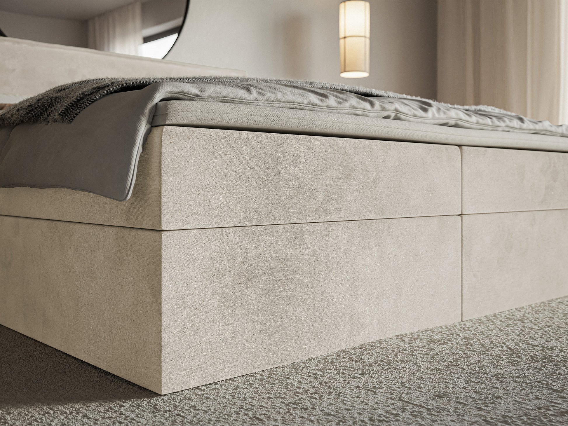 Łóżko kontynentalne 180x200 cm Softie z pojemnikami i topperem beżowe welur hydrofobowy - materiał drewno