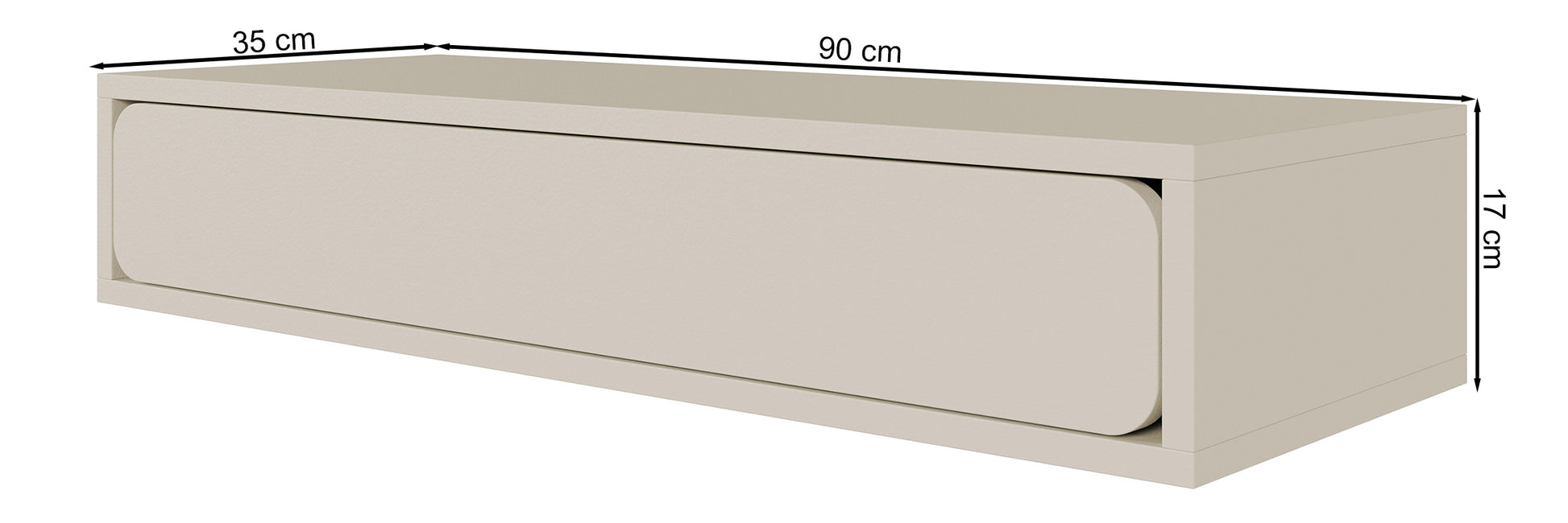 Rysunek wymiarowy - Konsola wisząca Wuwu z jedną szufladą 90 cm szarobeżowa: szerokość 90 cm, głębokość 35 cm, wysokość 17 cm