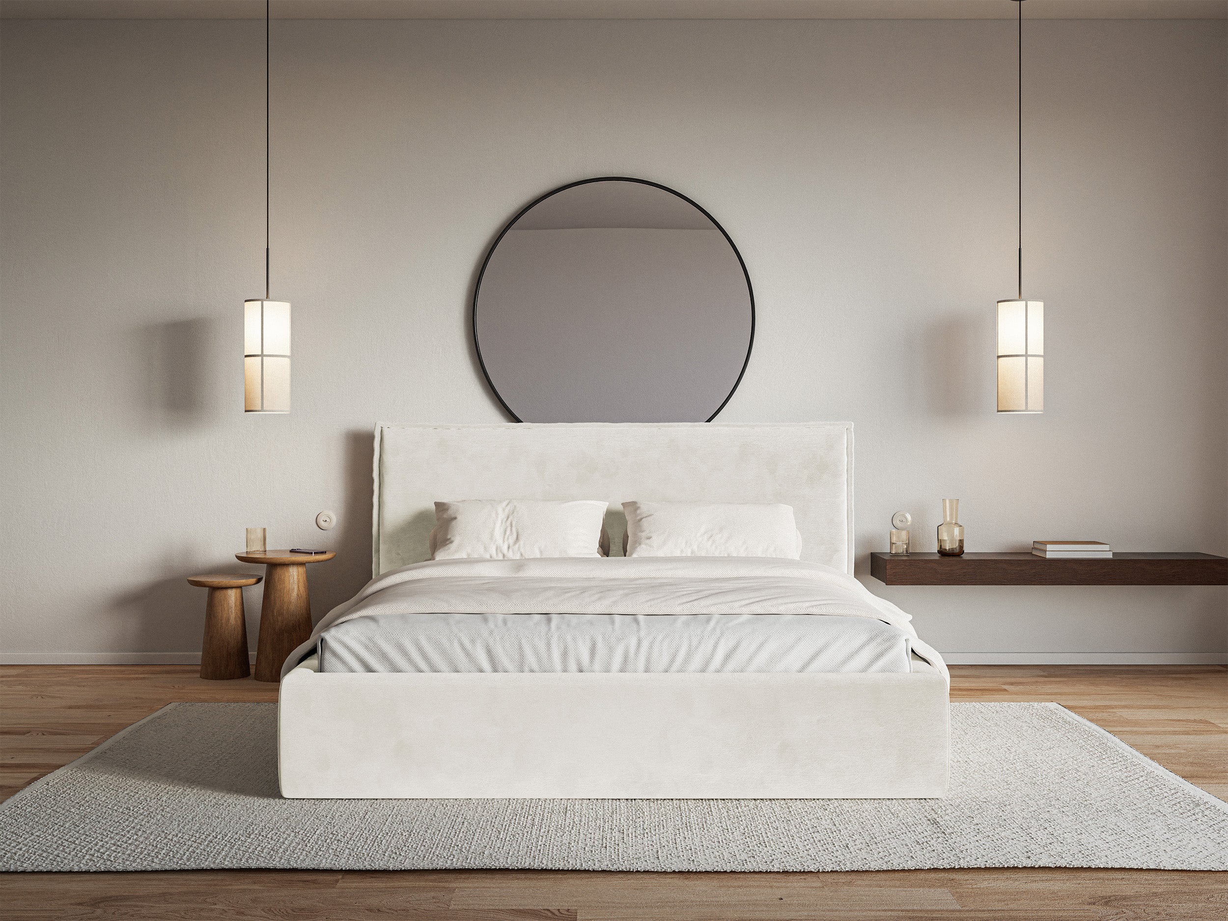 Łóżko tapicerowane 180x200 cm Softie z pojemnikiem szarobeżowe welur hydrofobowy stelaż metalowy