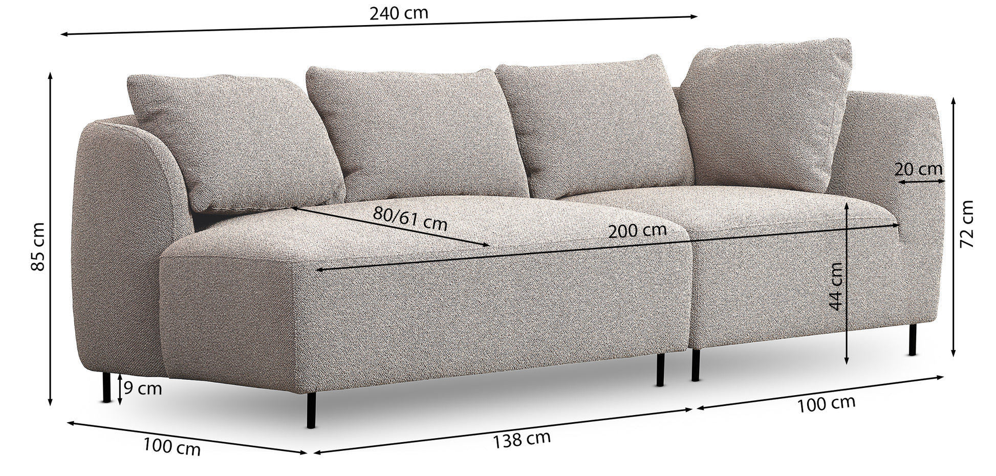 Rysunek wymiarowy - Sofa modułowa Lanomi beżowa: szerokość 240 cm, głębokość 100 cm, wysokość 85 cm