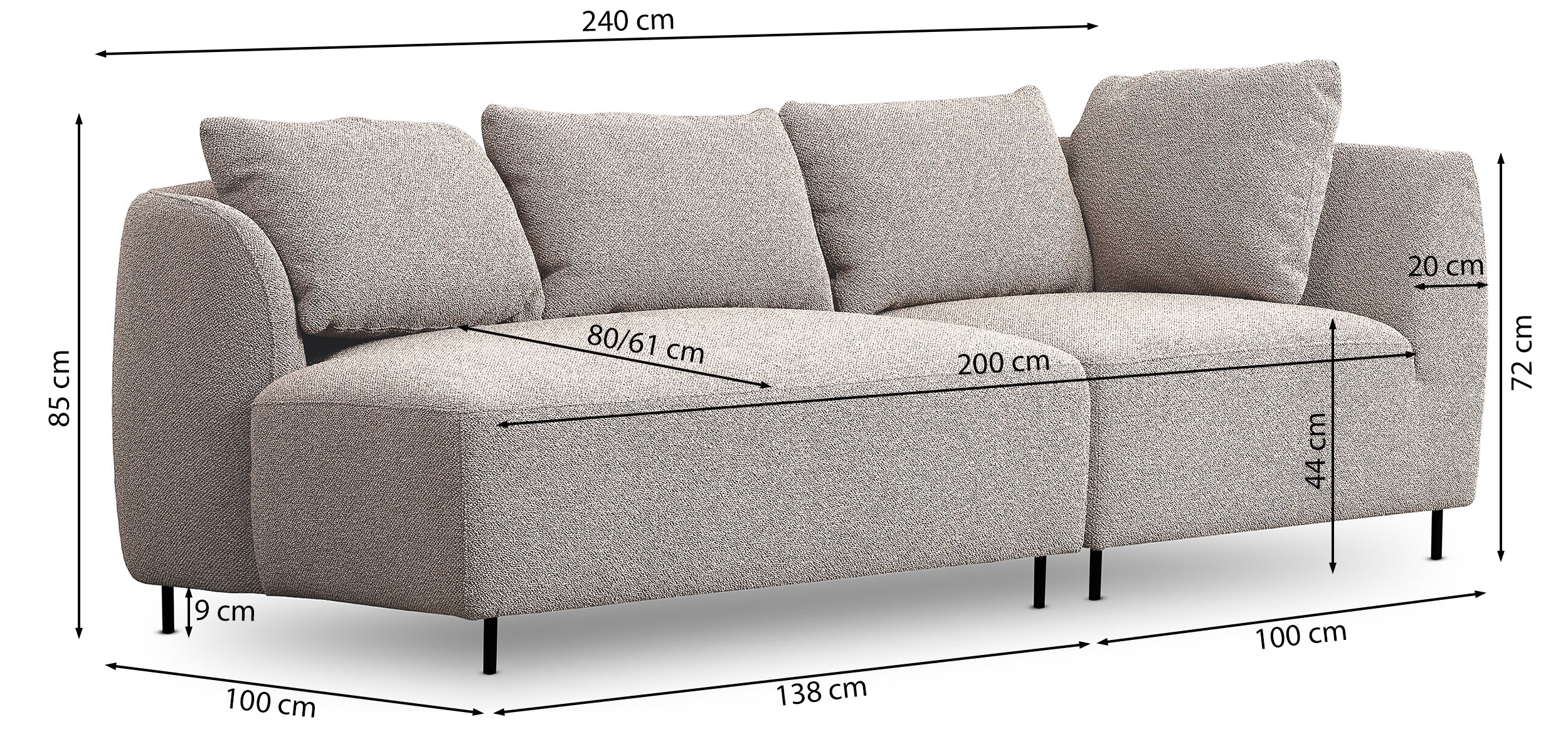 Rysunek wymiarowy - Sofa modułowa Lanomi beżowa: szerokość 240 cm, głębokość 100 cm, wysokość 85 cm