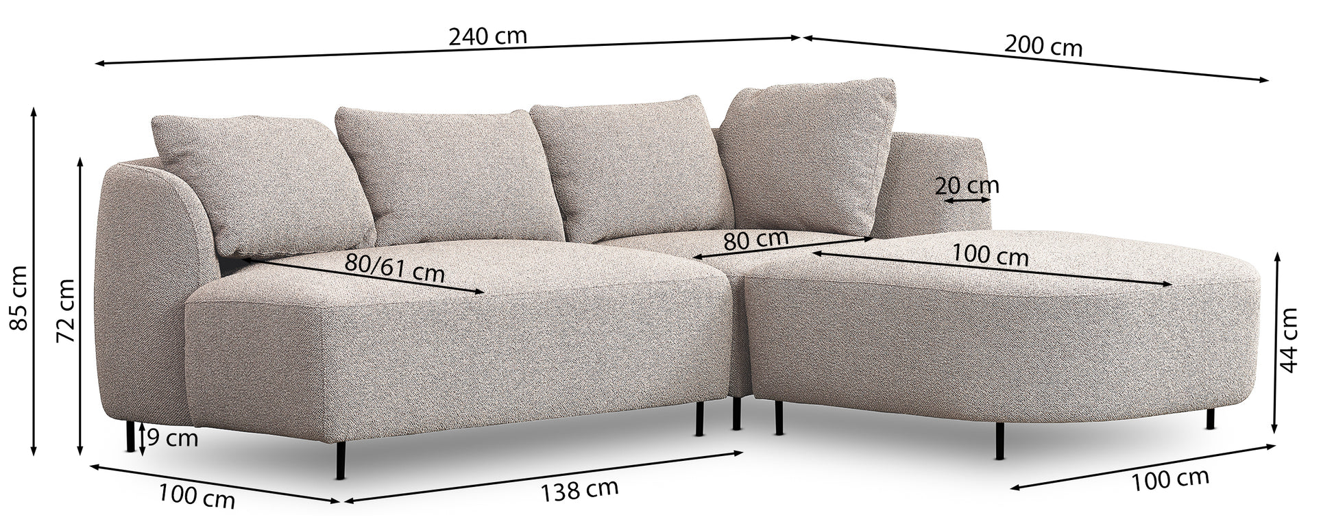 Rysunek wymiarowy - Narożnik modułowy Lanomi L-kształtny lewostronny jasnoszary: szerokość 240 cm, głębokość 200 cm, wysokość 85 cm