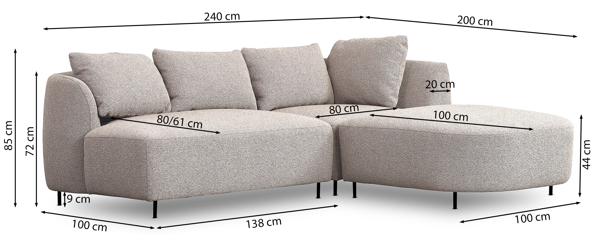 Rysunek wymiarowy - Narożnik modułowy Lanomi L-kształtny prawostronny jasnoszary: szerokość 240 cm, głębokość 200 cm, wysokość 85 cm