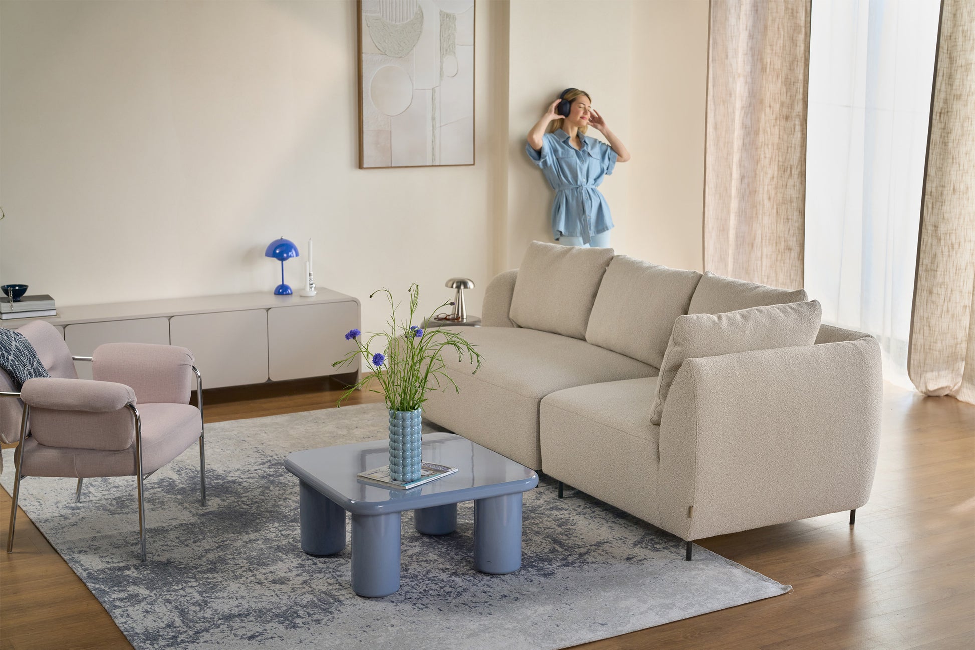 Sofa modułowa Lanomi beżowa - tapicerka boucle