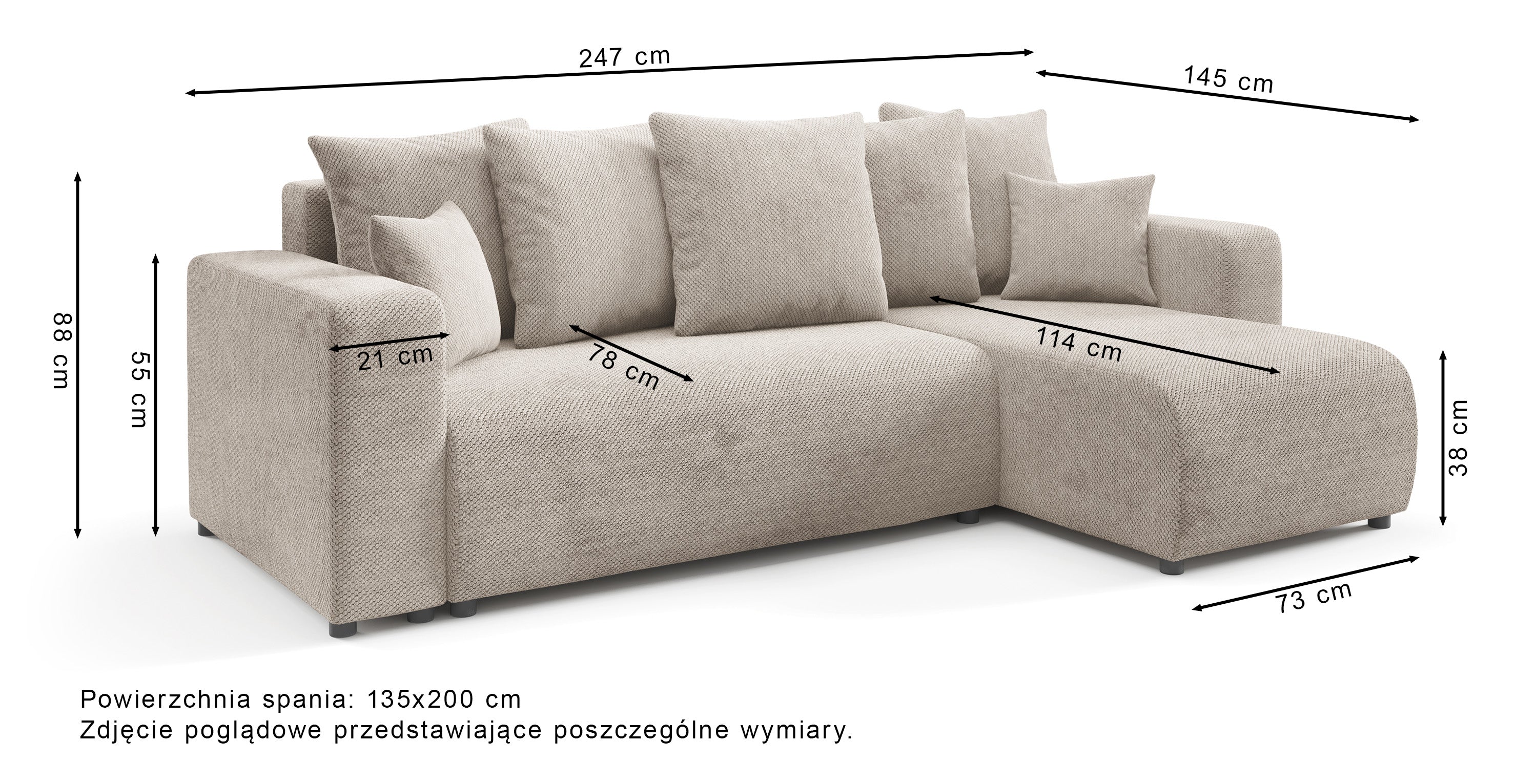 Rysunek wymiarowy - Narożnik Laria L-kształtny uniwersalny z pojemnikiem niebieskoszary: szerokość 247 cm, głębokość 145 cm, wysokość 88 cm