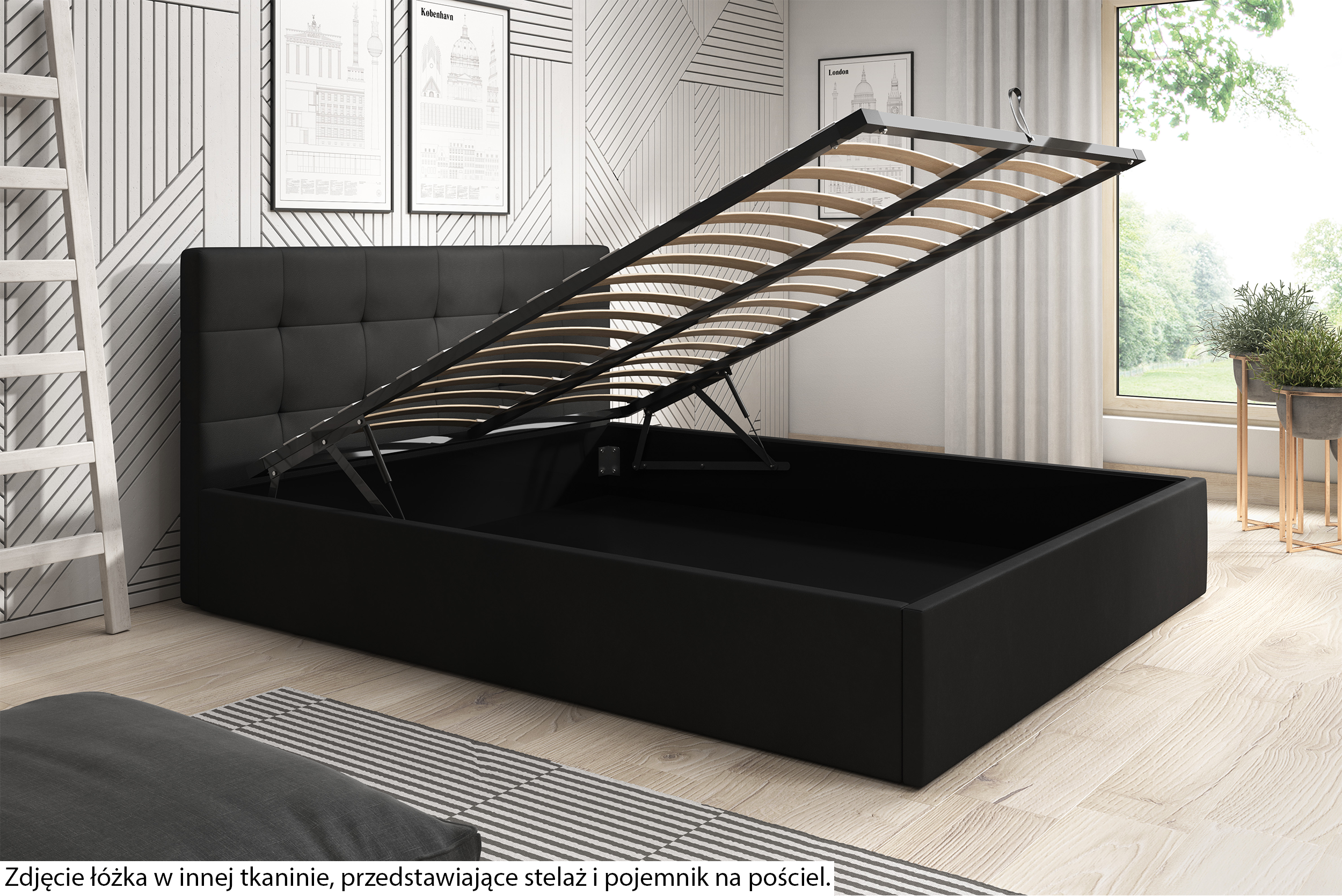 Łóżko tapicerowane 140x200 cm Laureno z pojemnikiem na pościel beżowe plecionka stelaż metalowy