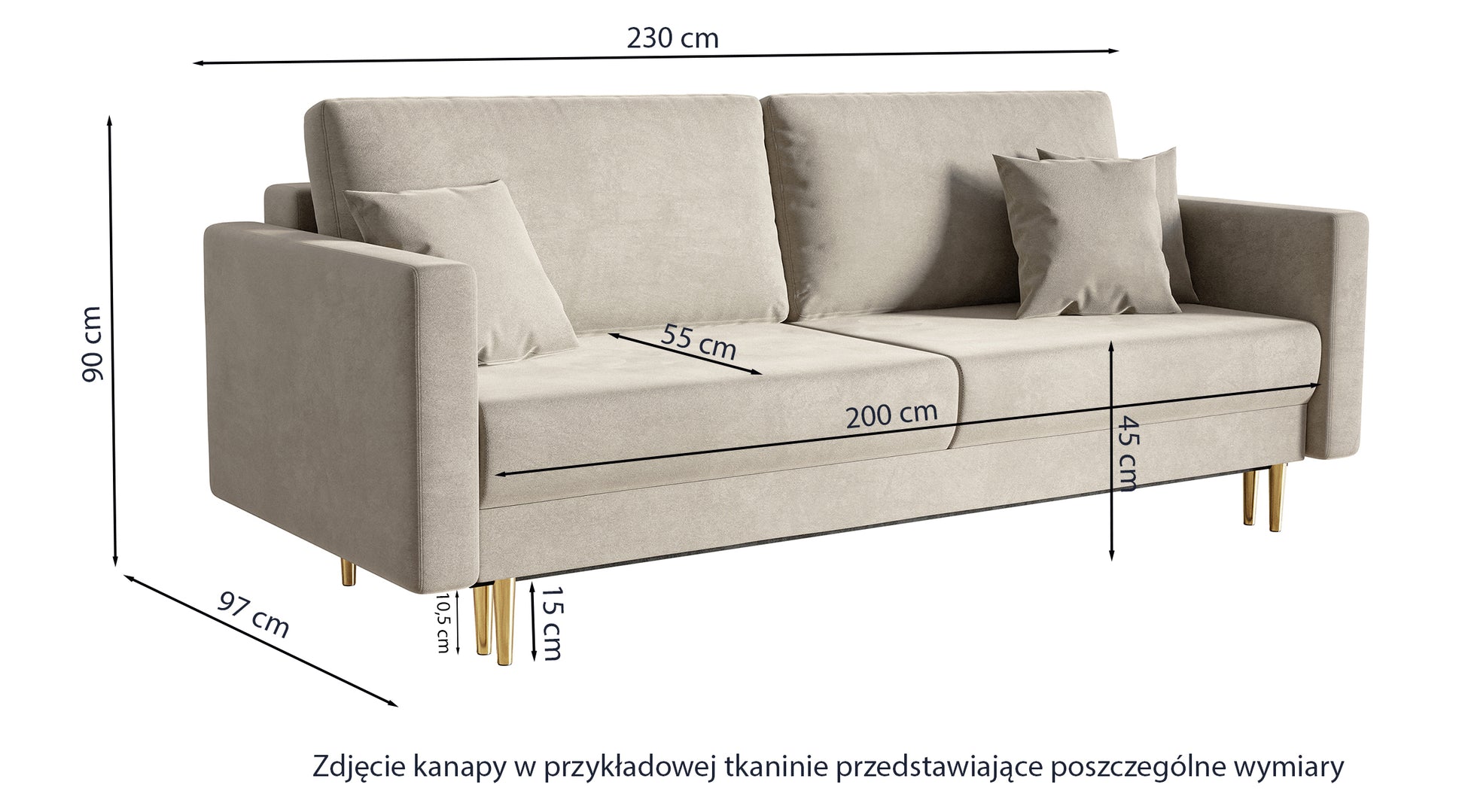 Rysunek wymiarowy - Kanapa rozkładana Valico szara w tkaninie łatwoczyszczącej szenil nogi czarne: szerokość 230 cm, głębokość 97 cm, wysokość 90 cm