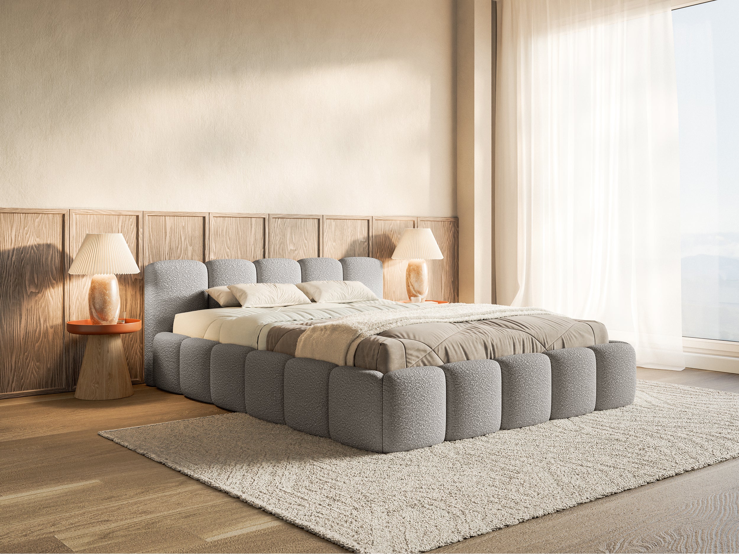 Łóżko Cloudy Low 160x200 cm szare boucle stelaż drewniany - bez materaca