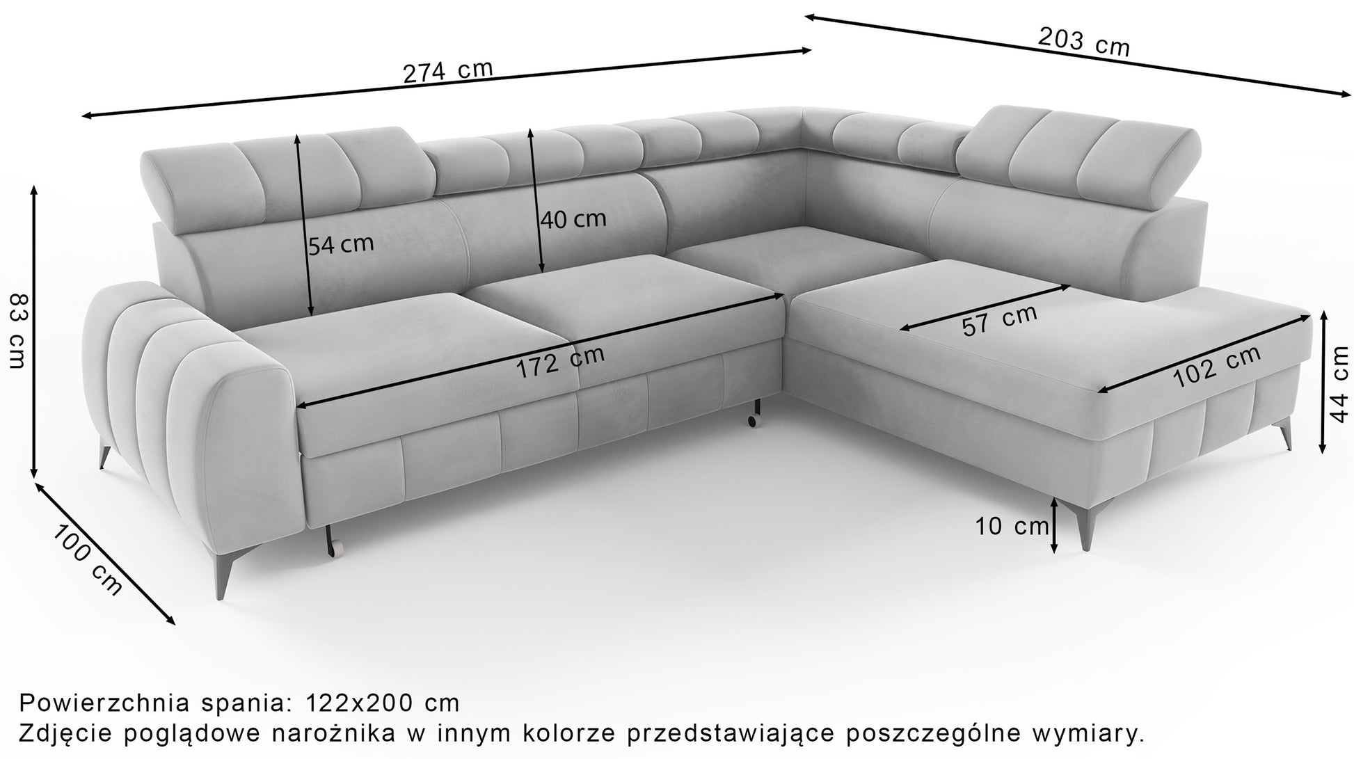 Rysunek wymiarowy - Narożnik London prawostronny z pojemnikiem szarobeżowy: szerokość 274 cm, głębokość 203 cm, wysokość 83 cm