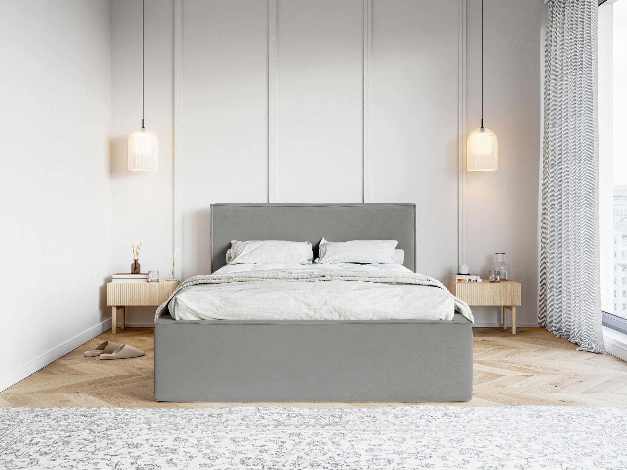 Łóżko tapicerowane 140x200 cm Lucera z pojemnikiem szare welur hydrofobowy - bez materaca