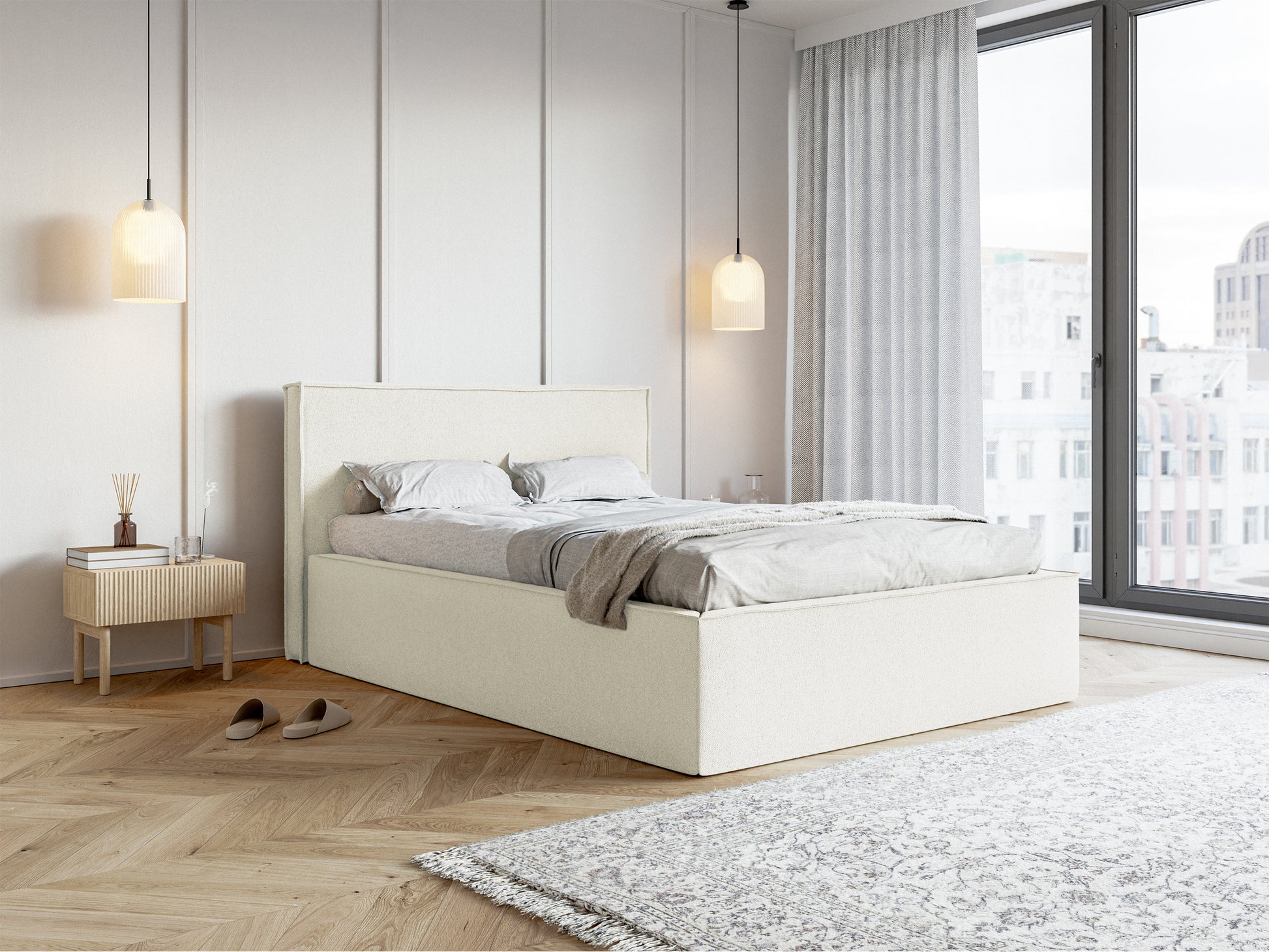 Łóżko tapicerowane 180x200 cm Lucera z pojemnikiem kremowe szenil - podnośnik gazowy