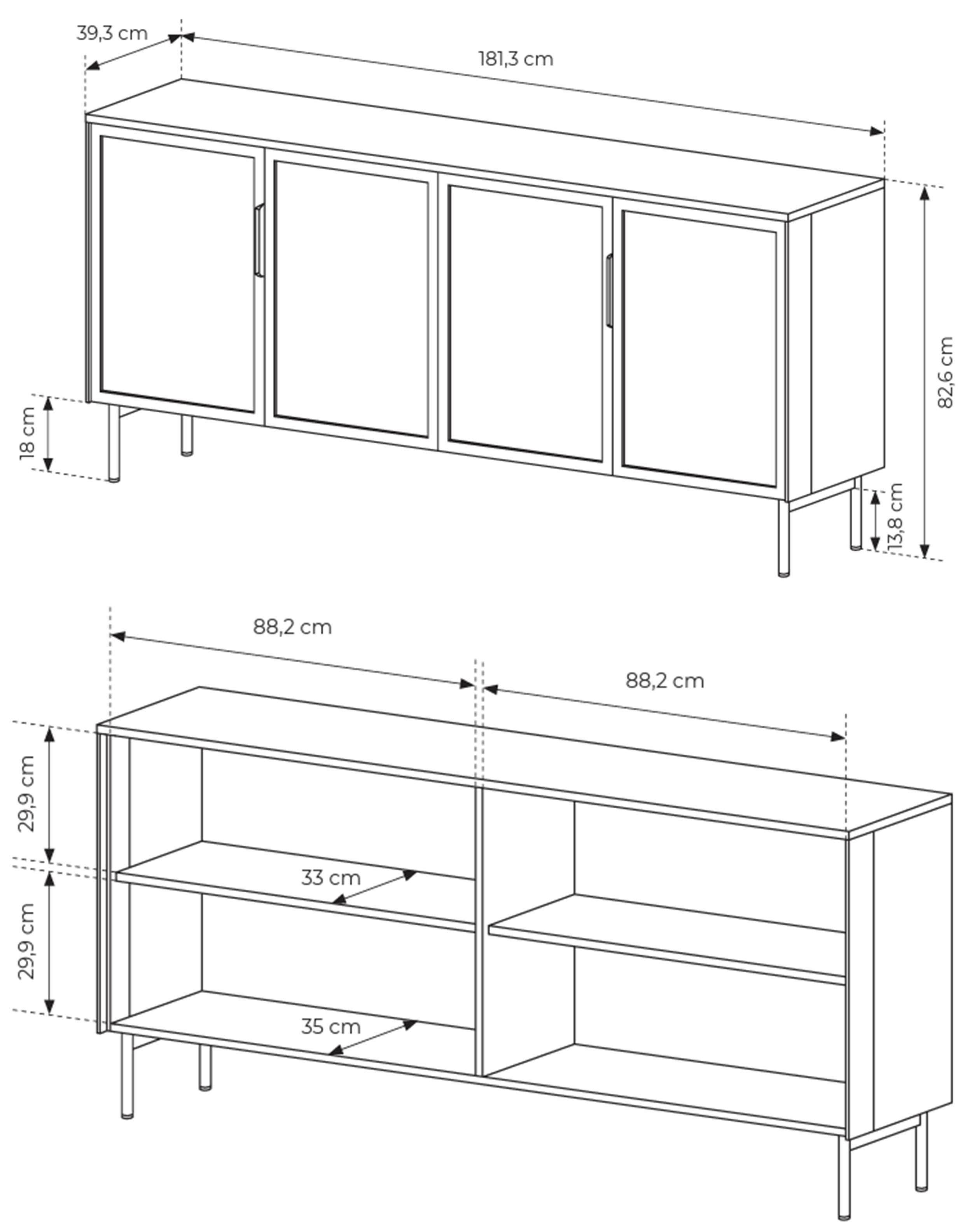 Rysunek wymiarowy - Komoda czterodrzwiowa przeszklona Lumi z oświetleniem LED 181 cm kaszmir: szerokość 181,3 cm, głębokość 39,3 cm, wysokość 82,6 cm