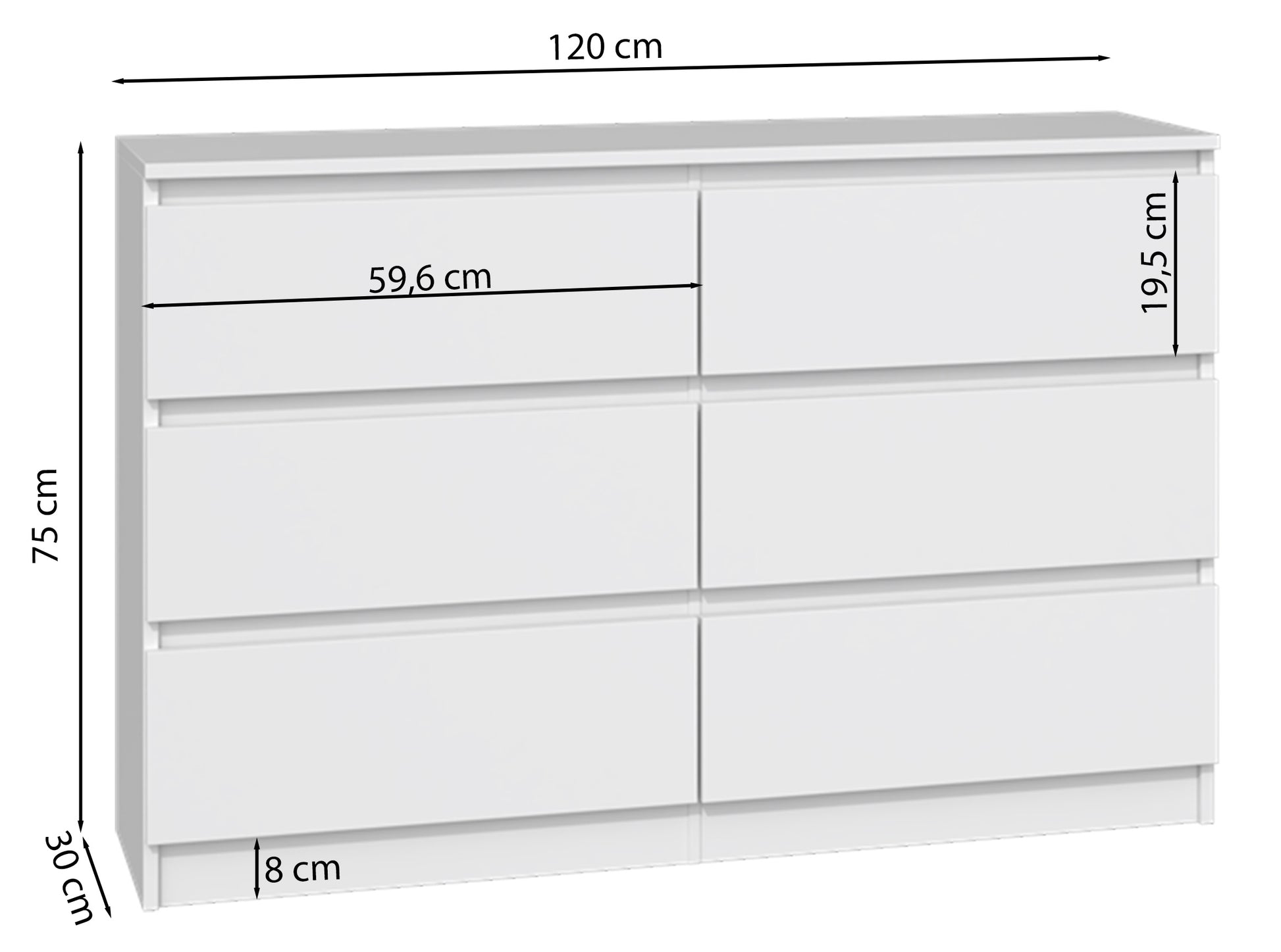 Rysunek wymiarowy - Komoda Malwa z sześcioma szufladami 120 cm biała: szerokość 120 cm, głębokość 30 cm, wysokość 75 cm