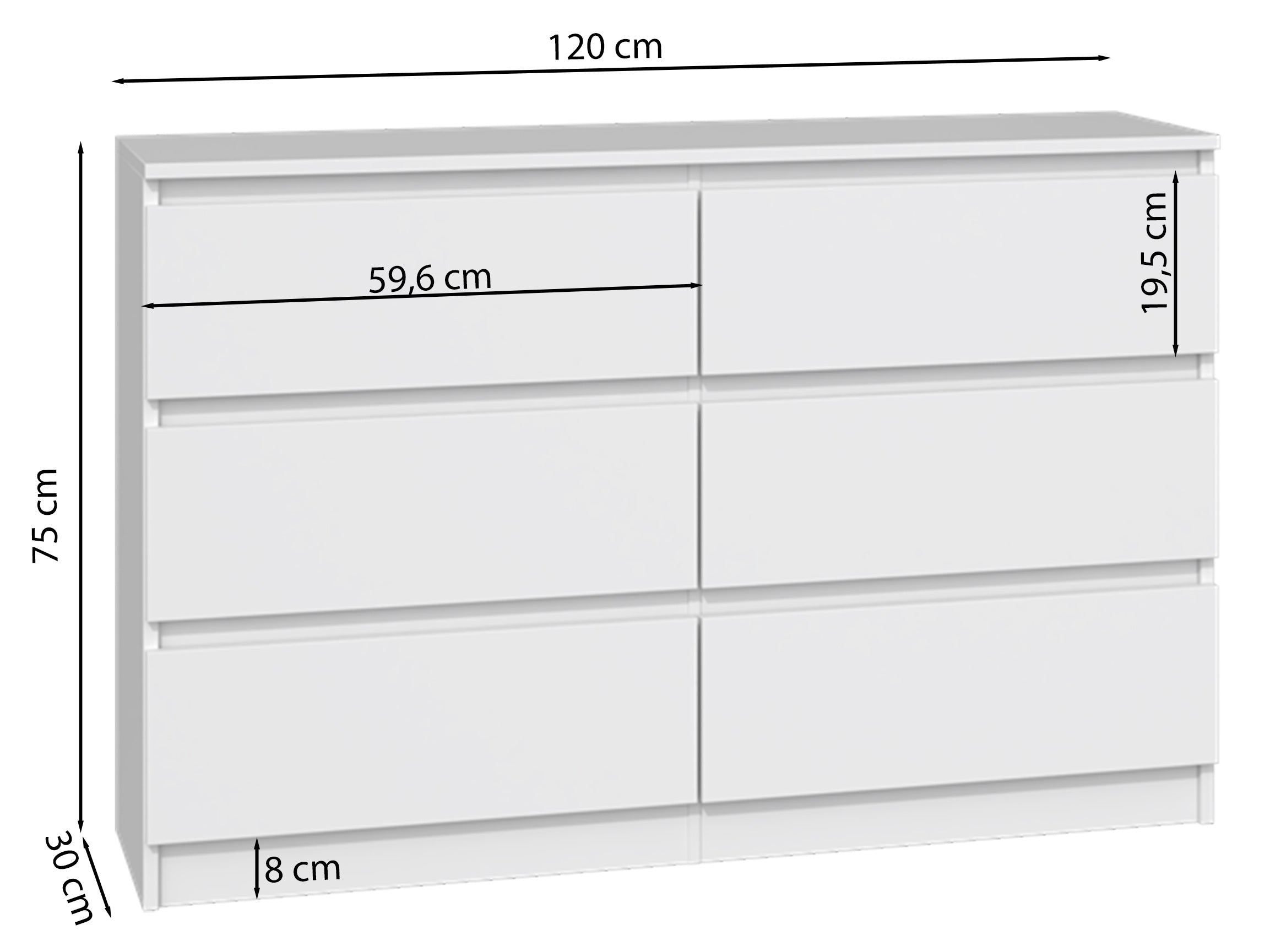 Rysunek wymiarowy - Komoda Malwa z sześcioma szufladami 120 cm biała: szerokość 120 cm, głębokość 30 cm, wysokość 75 cm