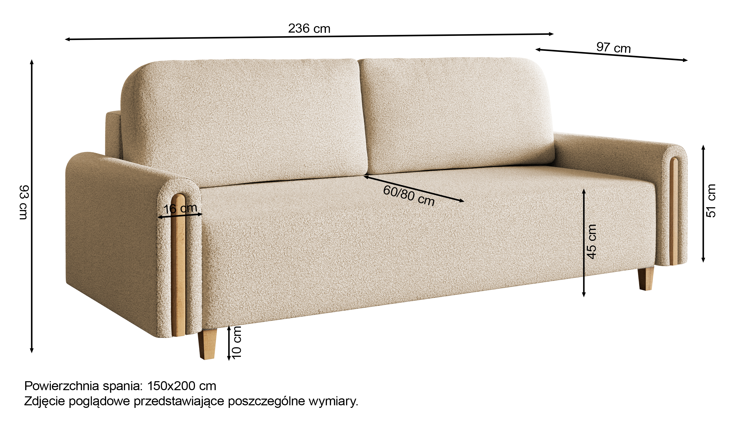 Rysunek wymiarowy - Kanapa rozkładana Majla: szerokość 236 cm, głębokość 97 cm, wysokość 93 cm