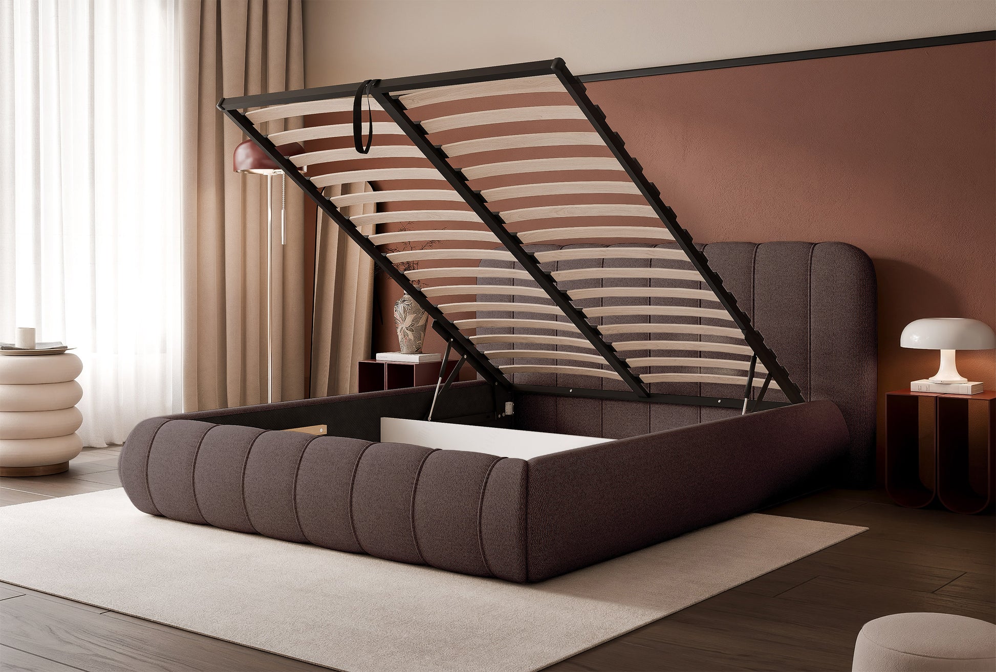 Łóżko tapicerowane Malunna 140x200 cm z pojemnikiem stelaż metalowy brązowe - materiał płyta meblowa