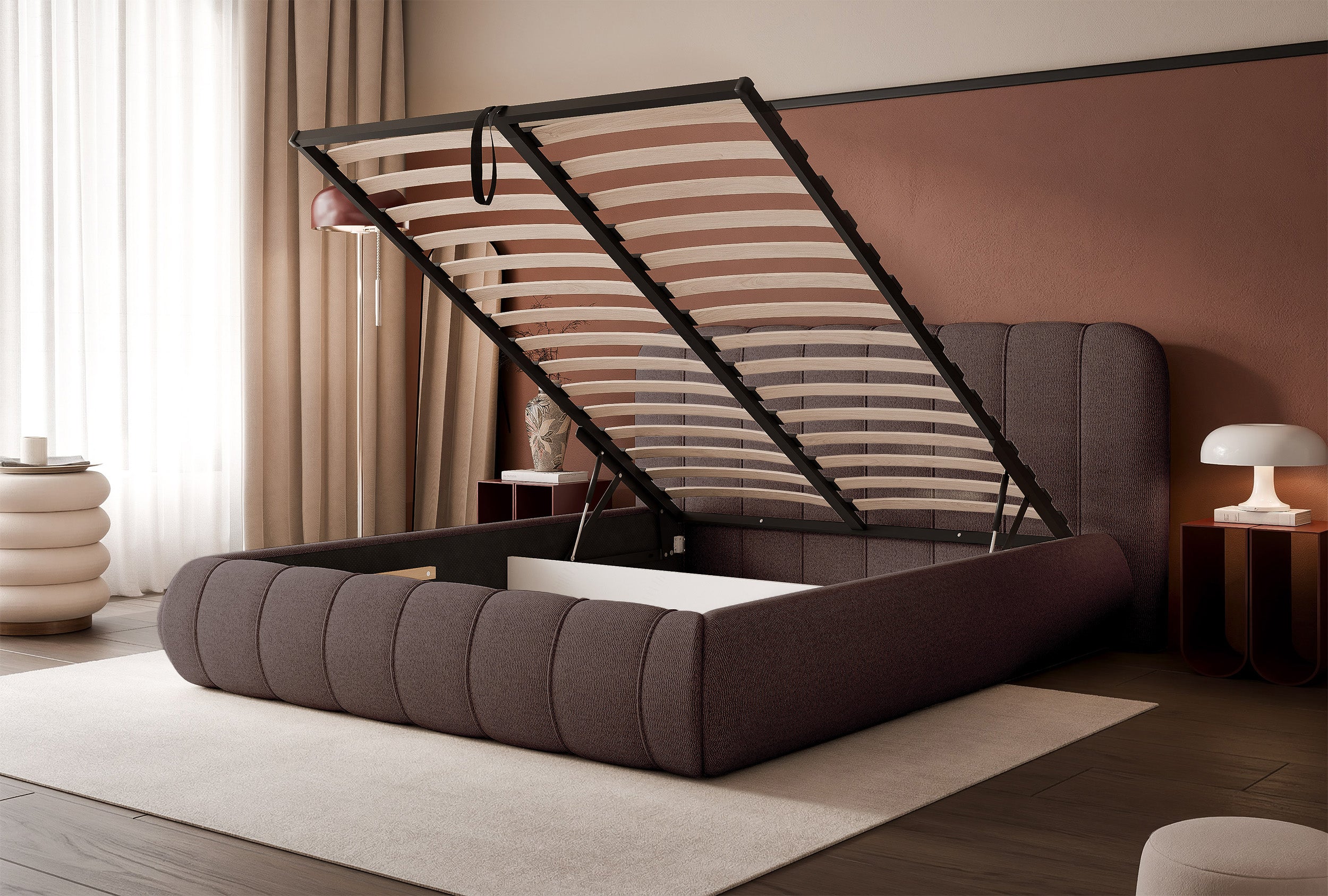 Łóżko tapicerowane Malunna 140x200 cm z pojemnikiem stelaż metalowy brązowe - materiał płyta meblowa