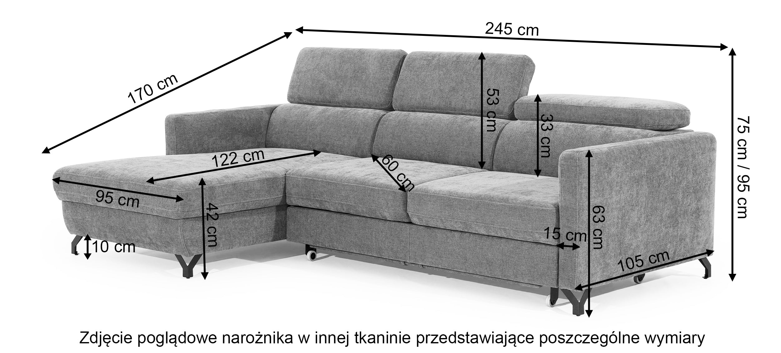 Rysunek wymiarowy - Narożnik Monarda ciemnoszary w tkaninie łatwoczyszczącej prawostronny: szerokość 245 cm, głębokość 170 cm, wysokość 95 cm