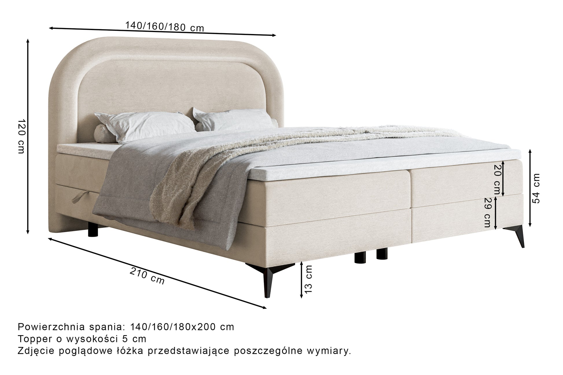 Rysunek wymiarowy - Łóżko kontynentalne 180x200 cm Loreo z topperem i pojemnikami gołębie welur hydrofobowy: szerokość 180 cm, długość 210 cm, wysokość 120 cm