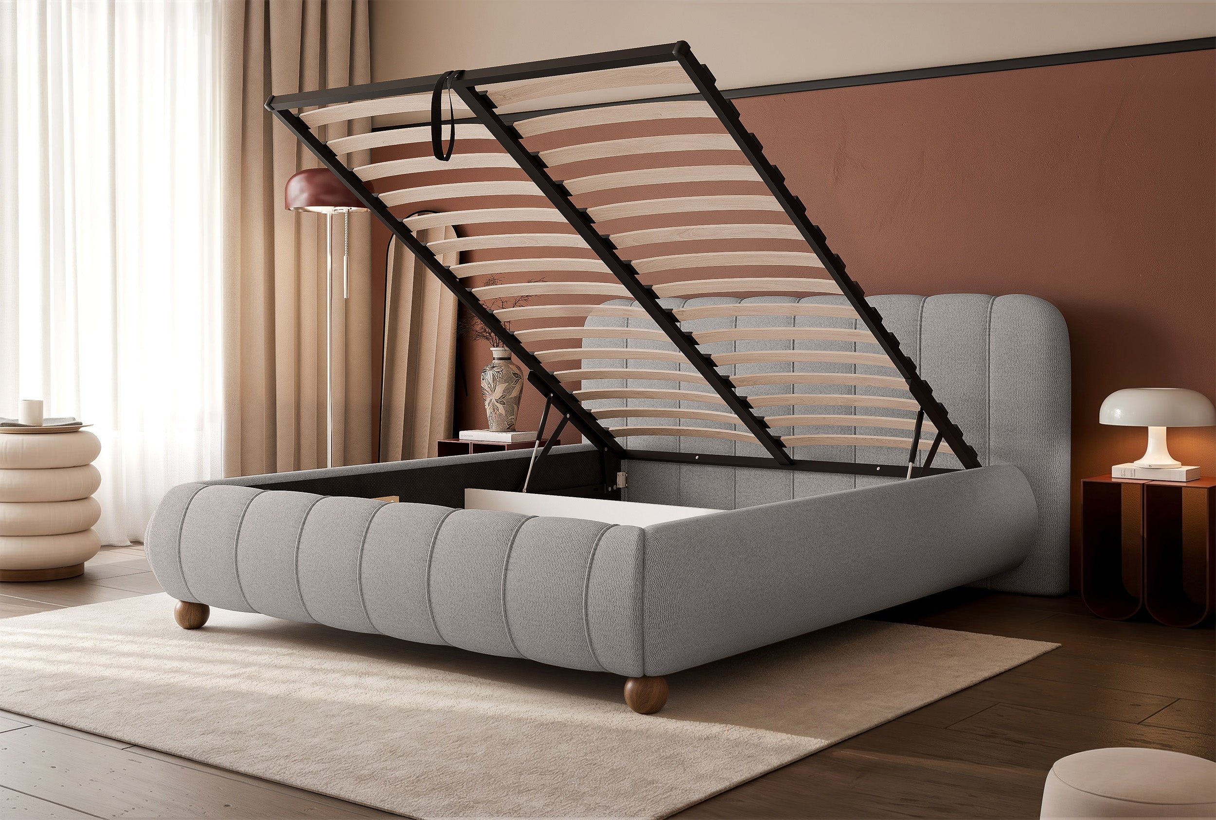 Łóżko tapicerowane 140x200 cm Malunna z pojemnikiem stelaż metalowy szare szenil łatwoczyszczący nogi kule buk lakierowany - materiał płyta meblowa
