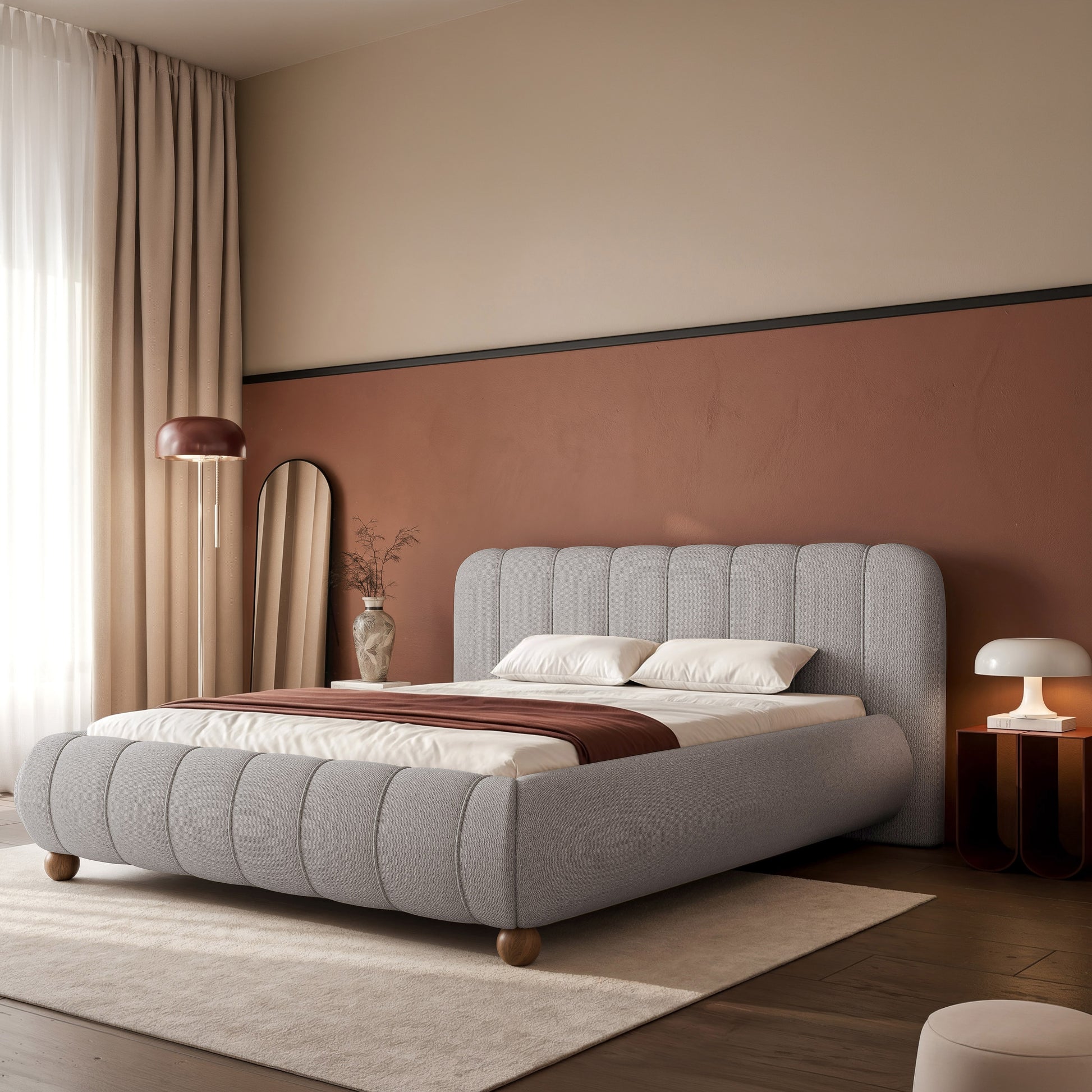 Łóżko tapicerowane 140x200 cm Malunna z pojemnikiem stelaż metalowy szare szenil łatwoczyszczący nogi kule buk lakierowany - podnośnik gazowy