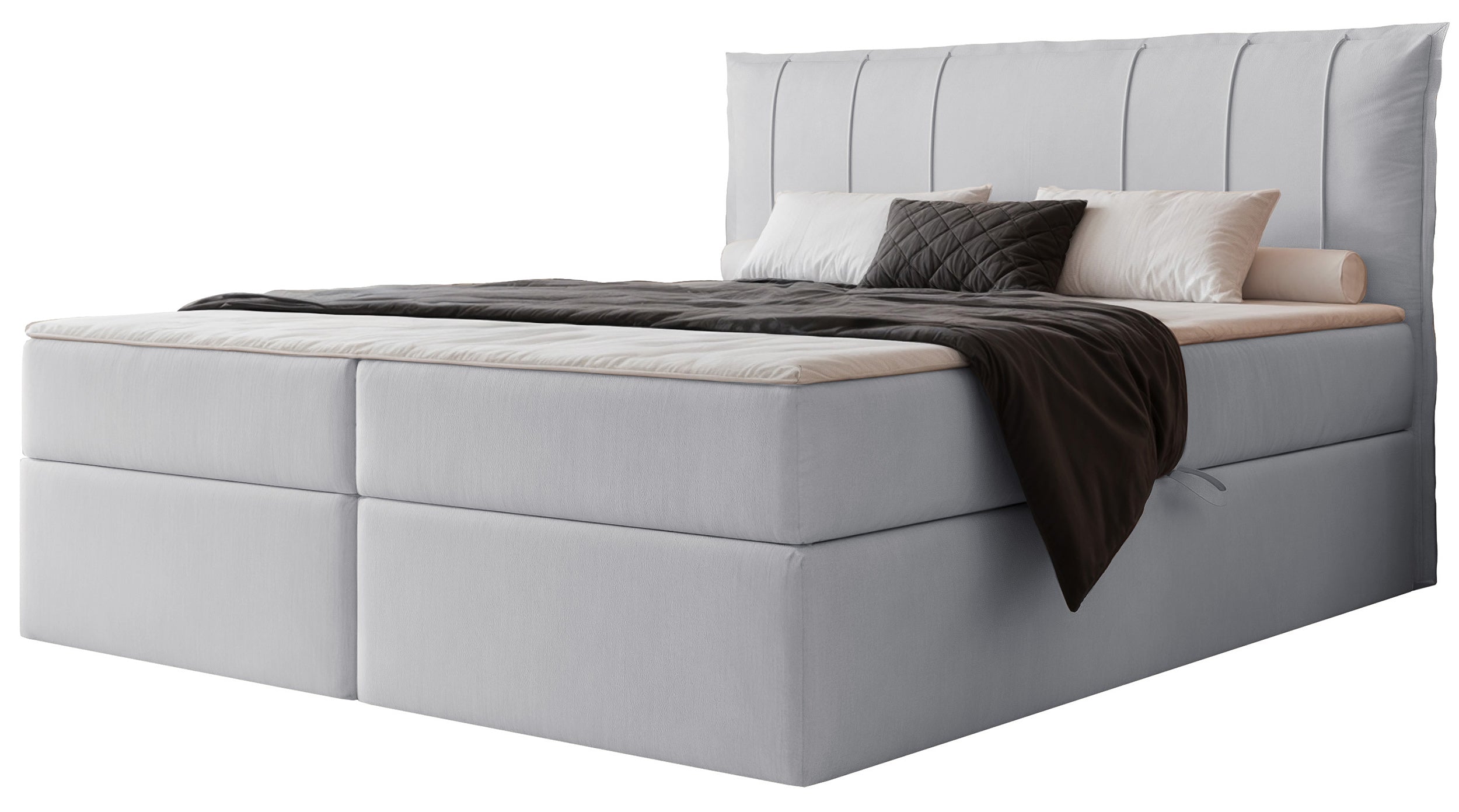 Łóżko kontynentalne 200x200 cm Moly z materacem bonellowym i topperem jasnoszare welur hydrofobowy