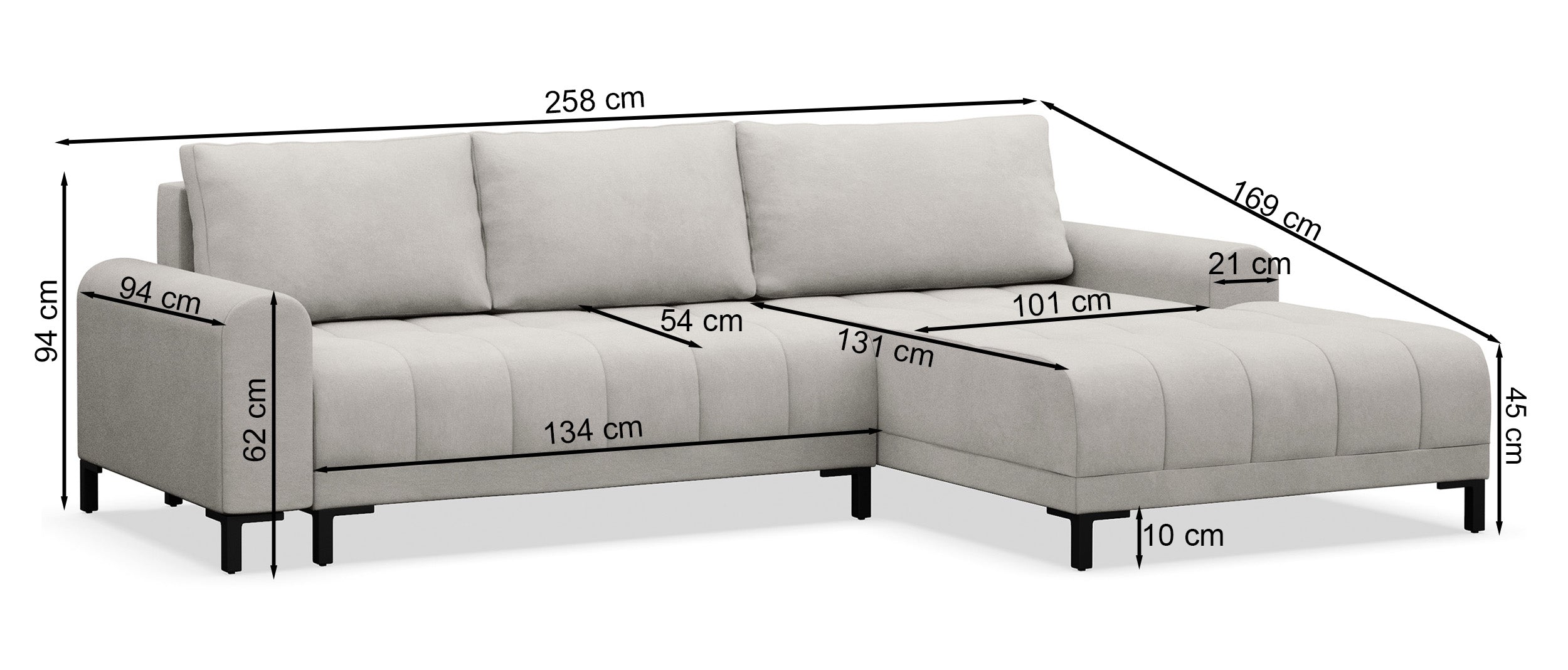 Rysunek wymiarowy - Narożnik Motilla L-kształtny prawostronny z pojemnikiem ciemnoszary: szerokość 258 cm, głębokość 169 cm, wysokość 94 cm