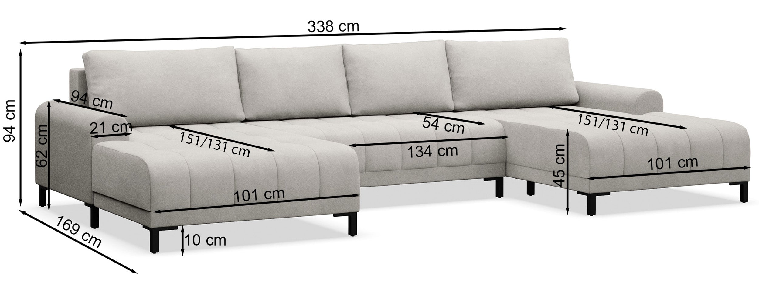 Rysunek wymiarowy - Narożnik Motilla U-kształtny uniwersalny z pojemnikiem jasnoszary: szerokość 338 cm, głębokość 169 cm, wysokość 94 cm