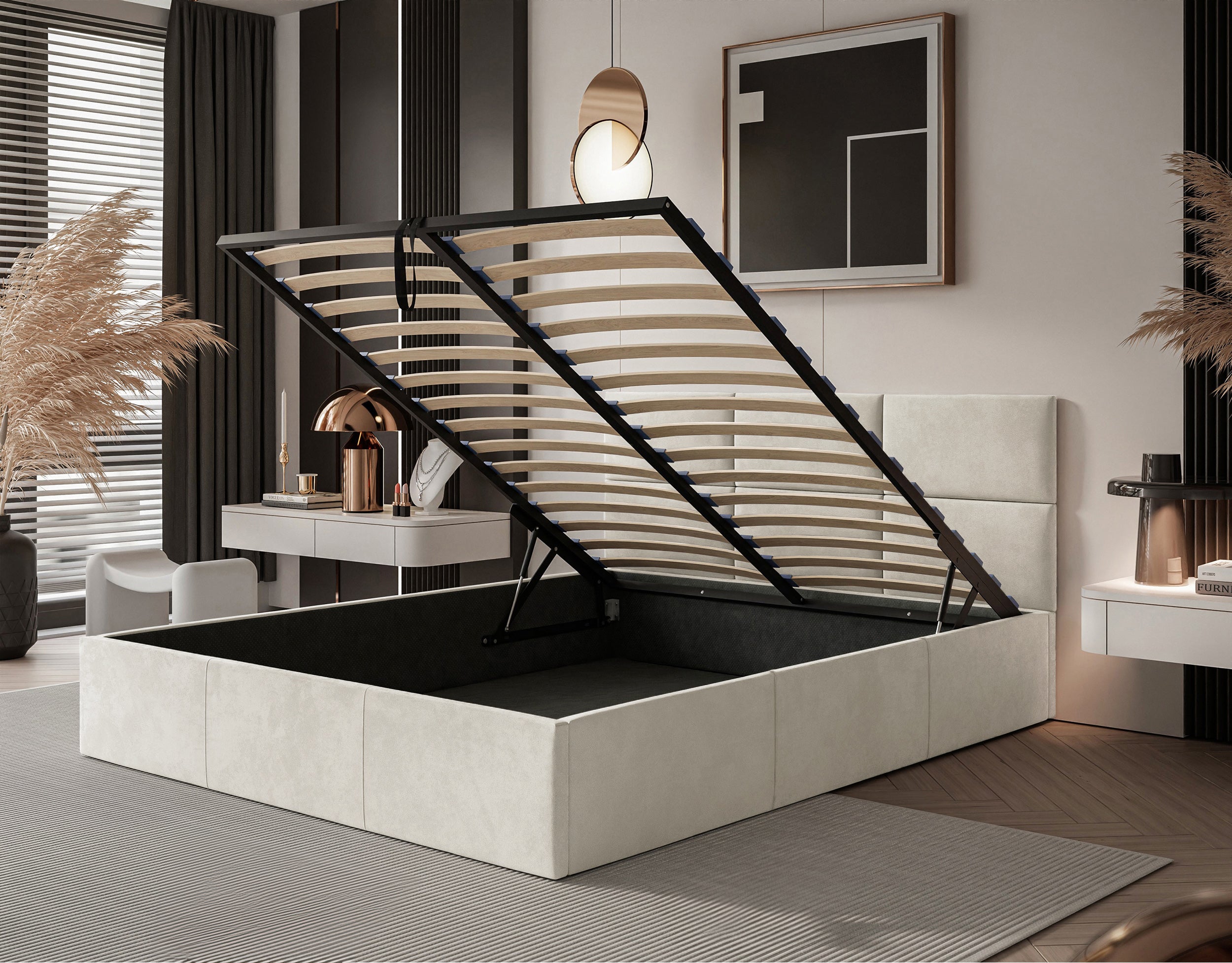 Łóżko tapicerowane Nestio 140x200 cm z pojemnikiem i metalowym stelażem kremowy - materiał płyta meblowa