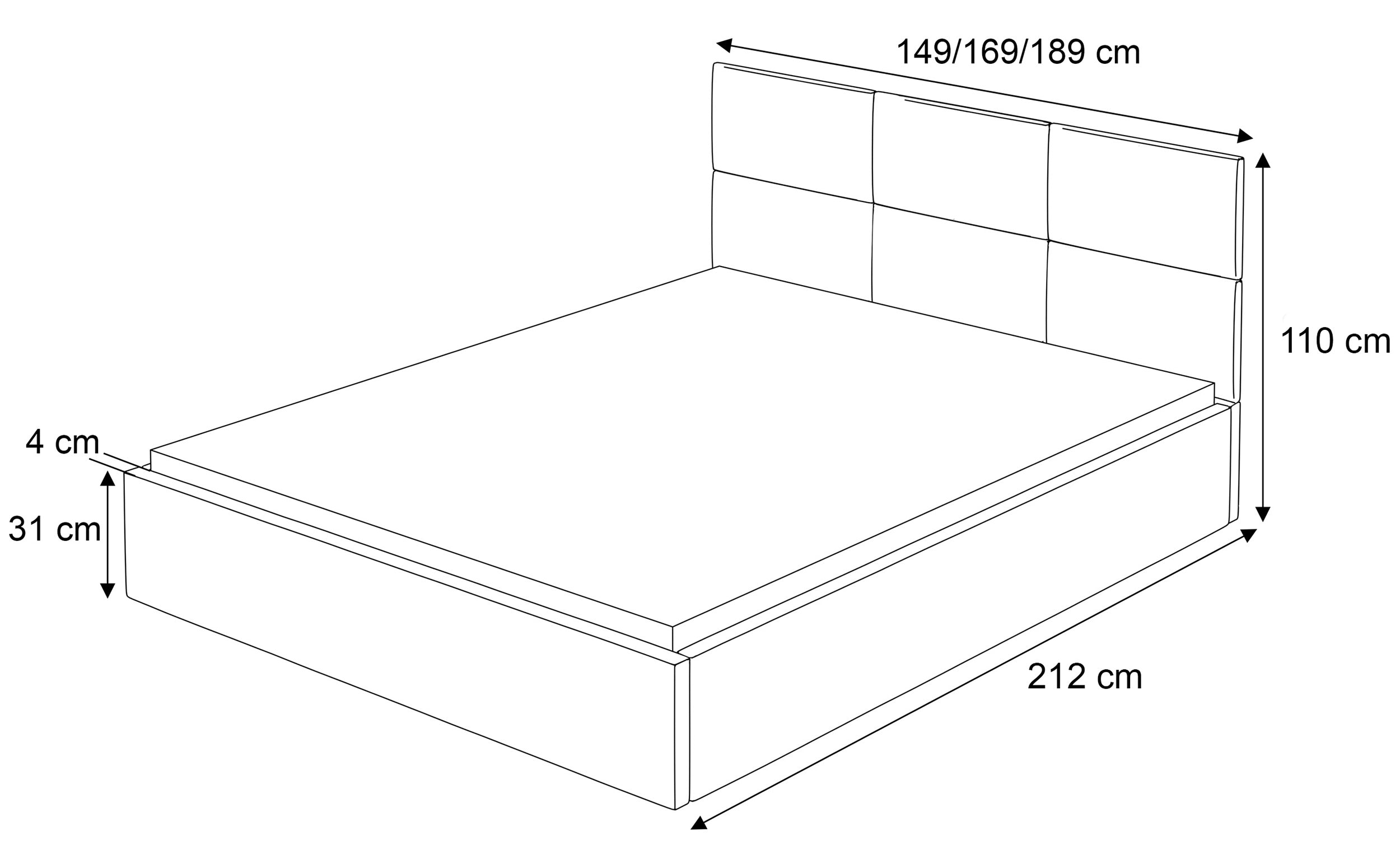 Rysunek wymiarowy - Łóżko tapicerowane Nestio 140x200 cm z pojemnikiem i metalowym stelażem kremowy: szerokość 149 cm, długość 212 cm, wysokość 110 cm