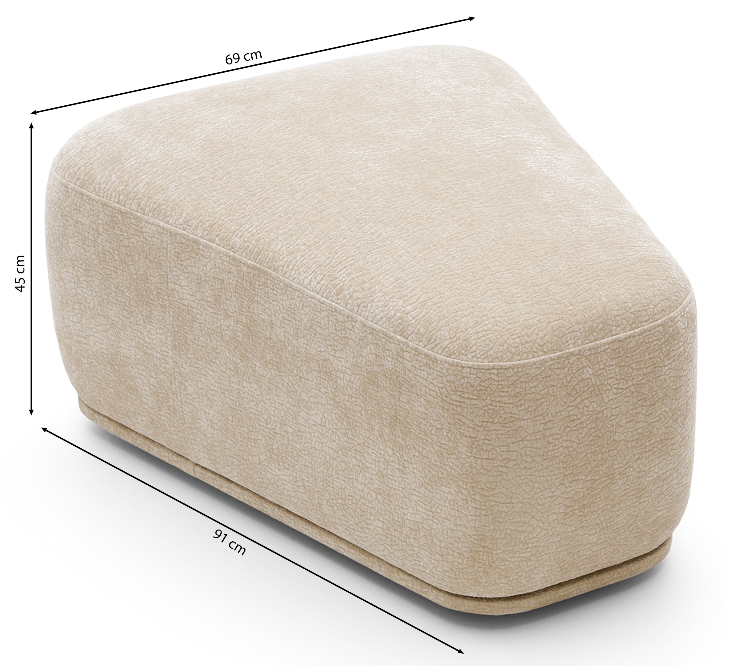 Rysunek wymiarowy - Pufa modułowa Bommo trójkątna beżowa: szerokość 69 cm, głębokość 91 cm, wysokość 45 cm