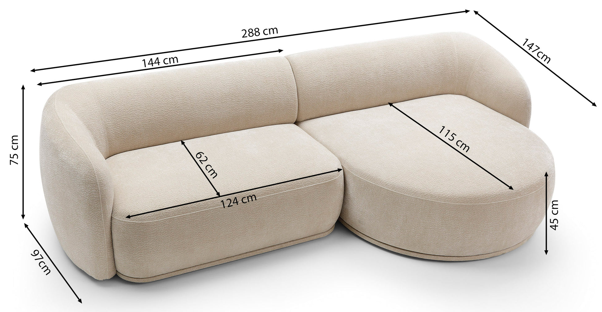 Rysunek wymiarowy - Narożnik modułowy Bommo lewostronny beżowy: szerokość 288 cm, głębokość 147 cm, wysokość 75 cm