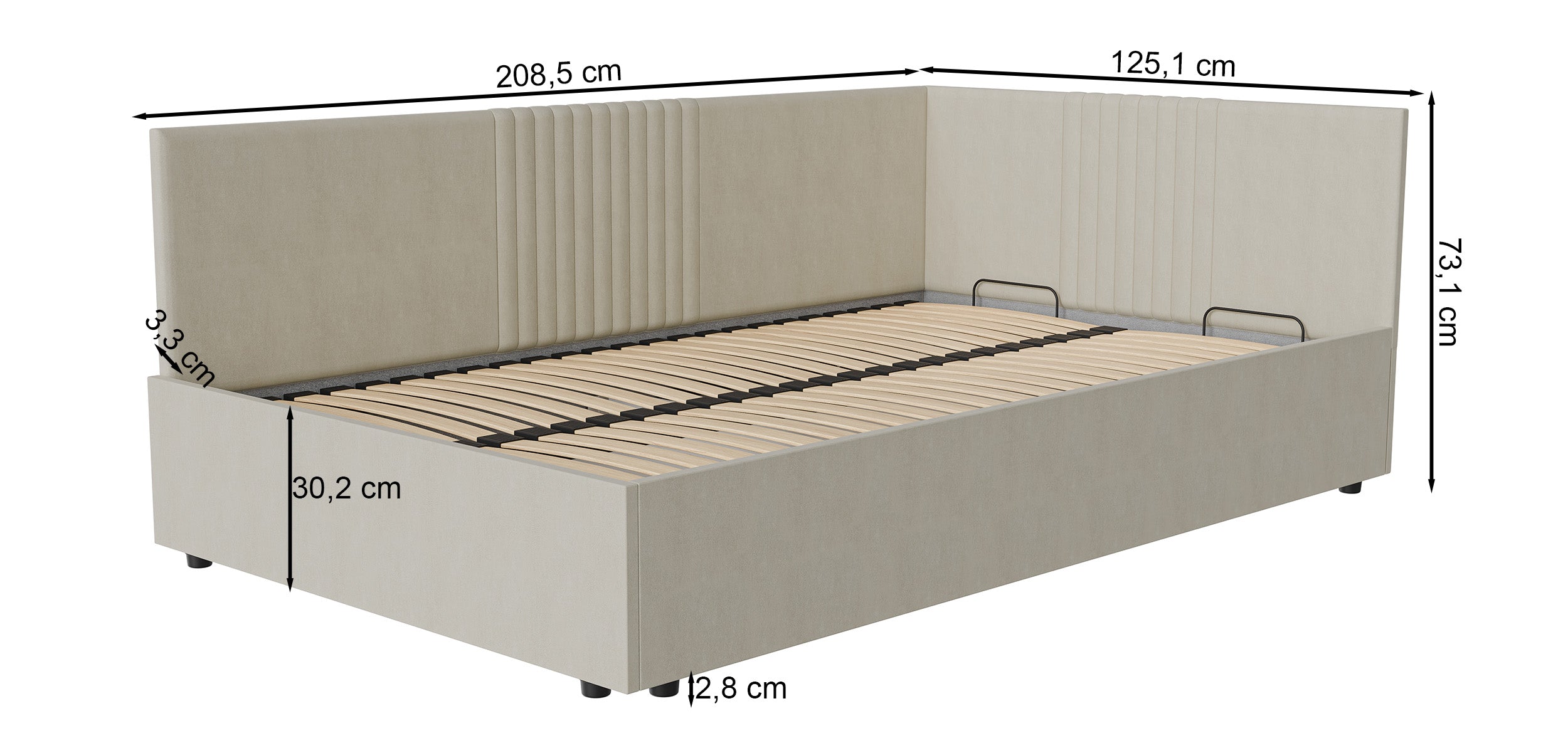 Rysunek wymiarowy - Łóżko młodzieżowe Novede ciemnoszare: szerokość 125,1 cm, długość 208,5 cm, wysokość 73,1 cm