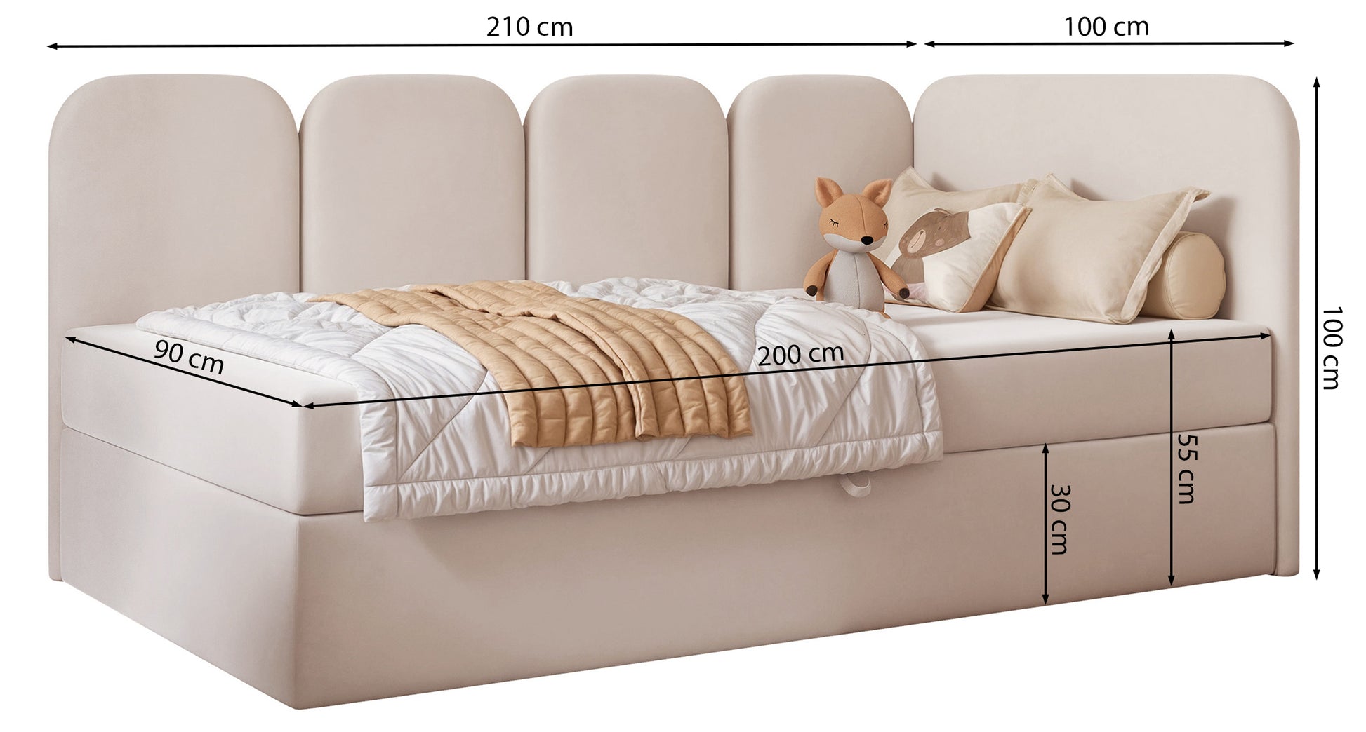Rysunek wymiarowy - Łóżko młodzieżowe Nubini prawostronne z pojemnikiem różowe: szerokość 100 cm, długość 210 cm, wysokość 100 cm