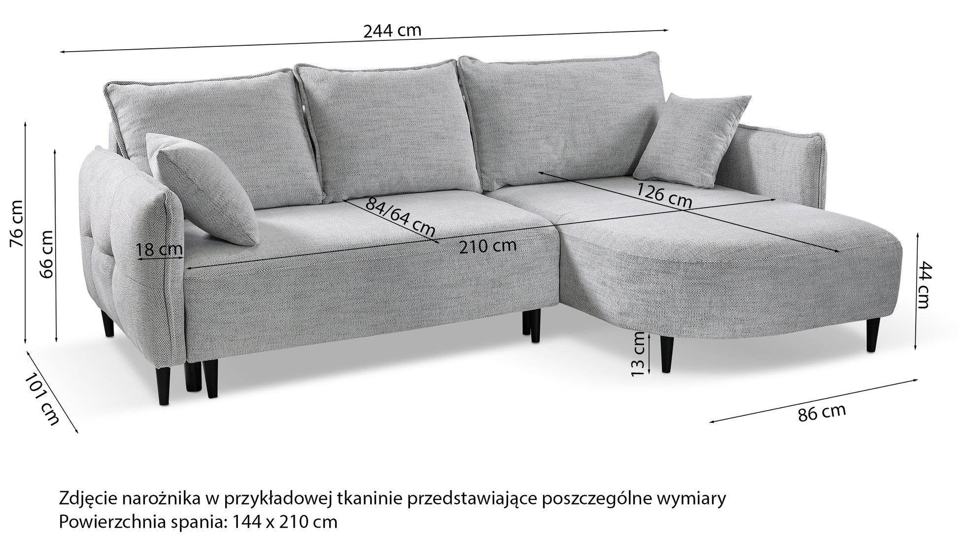 Rysunek wymiarowy - Narożnik Oblivio mini lewostronny z pojemnikiem beżowy: szerokość 244 cm, głębokość 101 cm, wysokość 76 cm