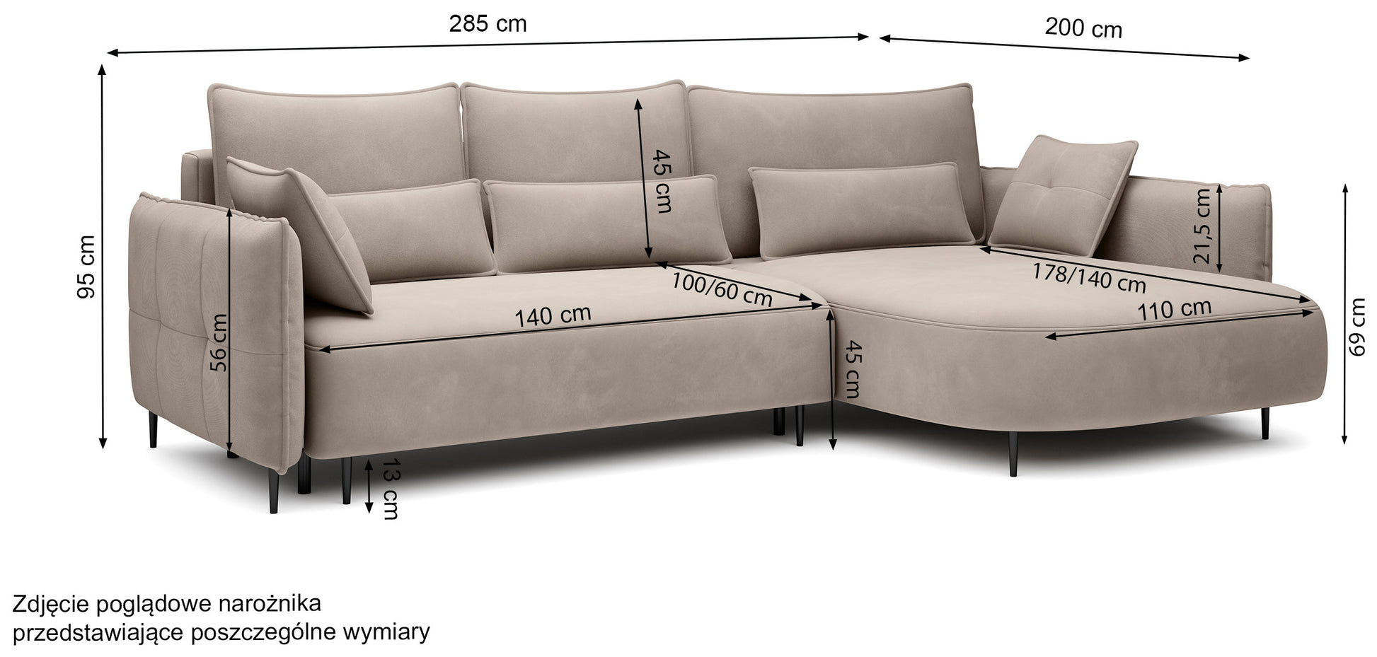 Rysunek wymiarowy - Narożnik Oblivio kremowy velvet lewostronny hydrofobowy: szerokość 285 cm, głębokość 200 cm, wysokość 95 cm
