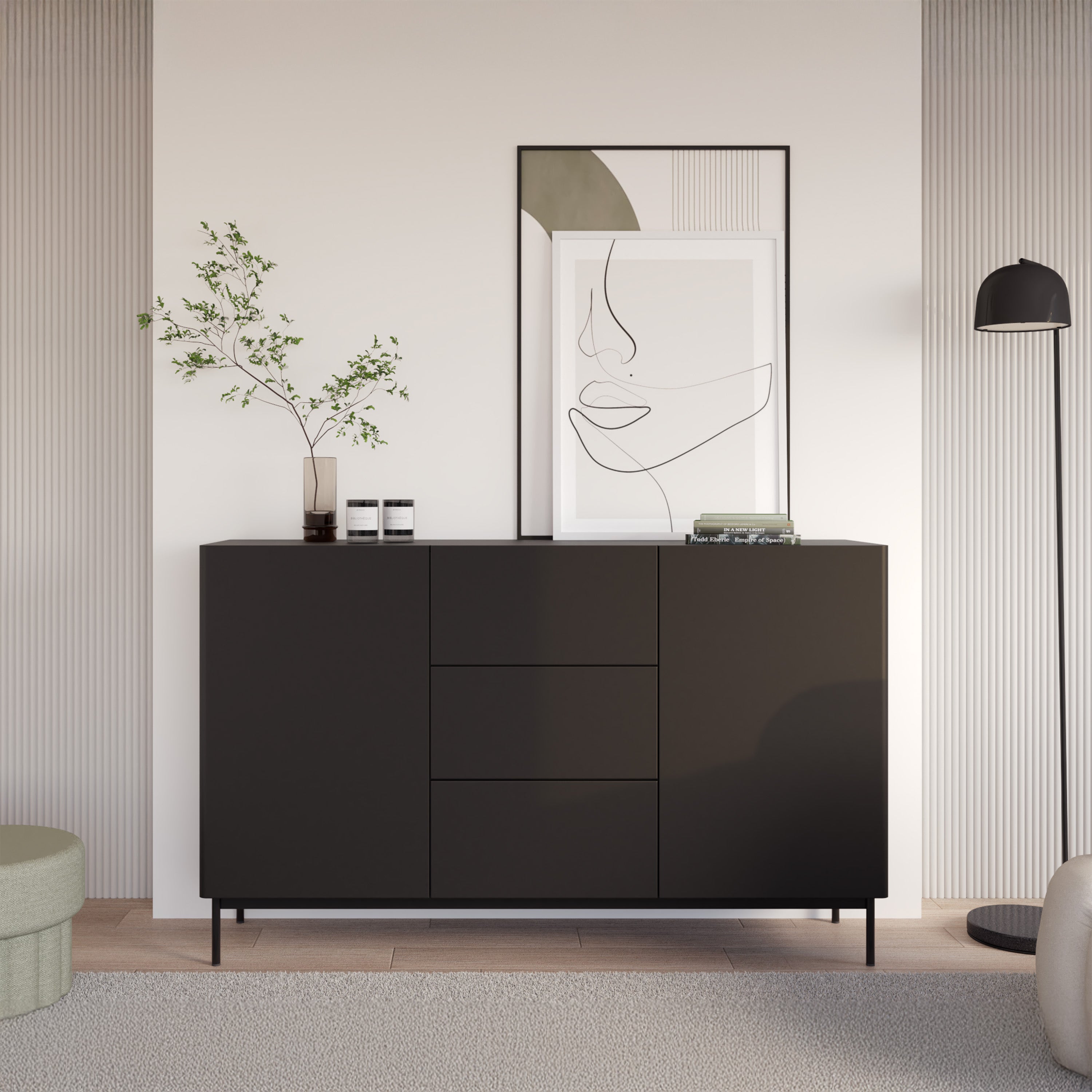 Komoda dwudrzwiowa Olio z trzema szufladami 160 cm czarna - na nóżkach