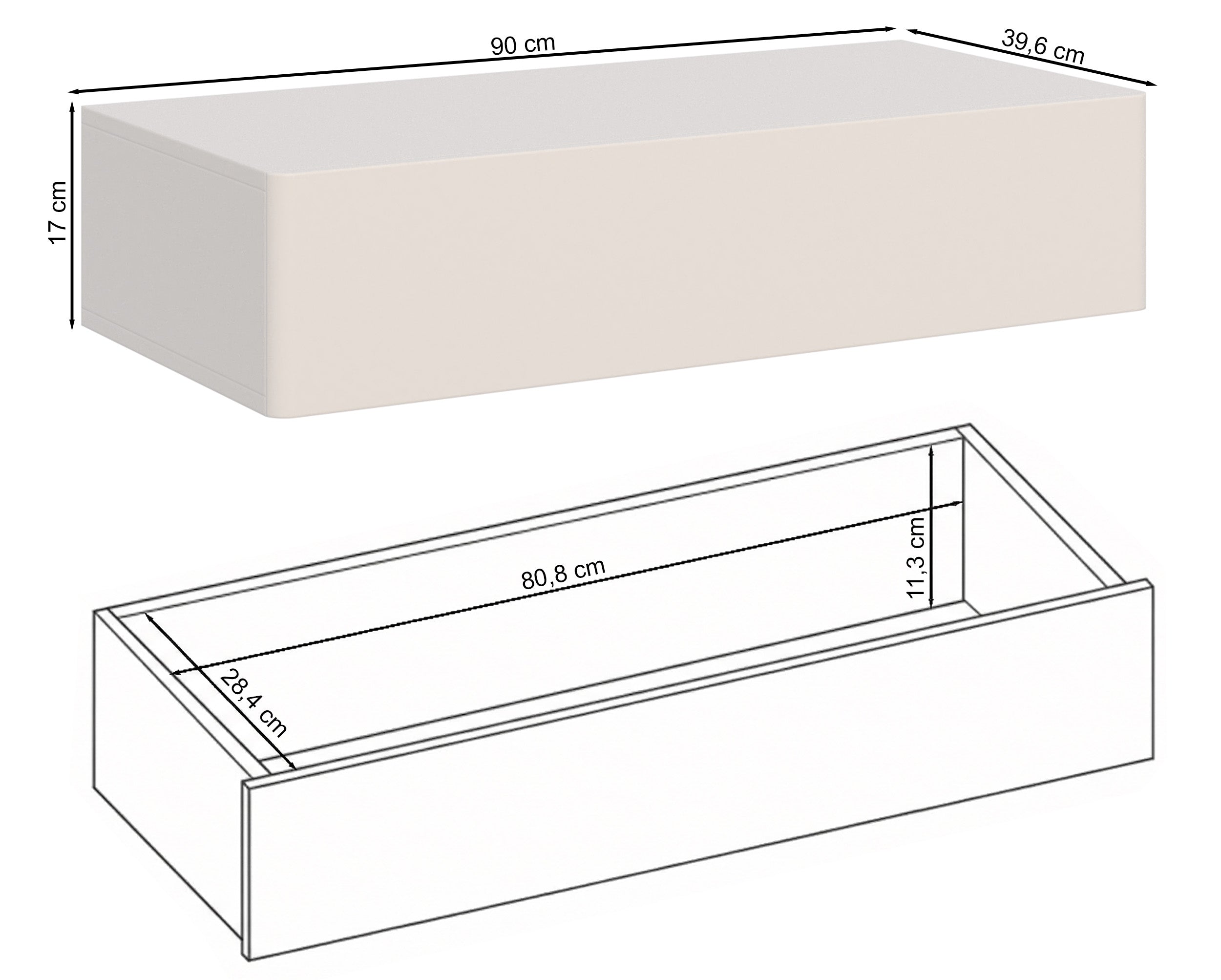 Rysunek wymiarowy - Konsola Olio z szufladą wisząca 90 cm biała: szerokość 90 cm, głębokość 39,6 cm, wysokość 17 cm