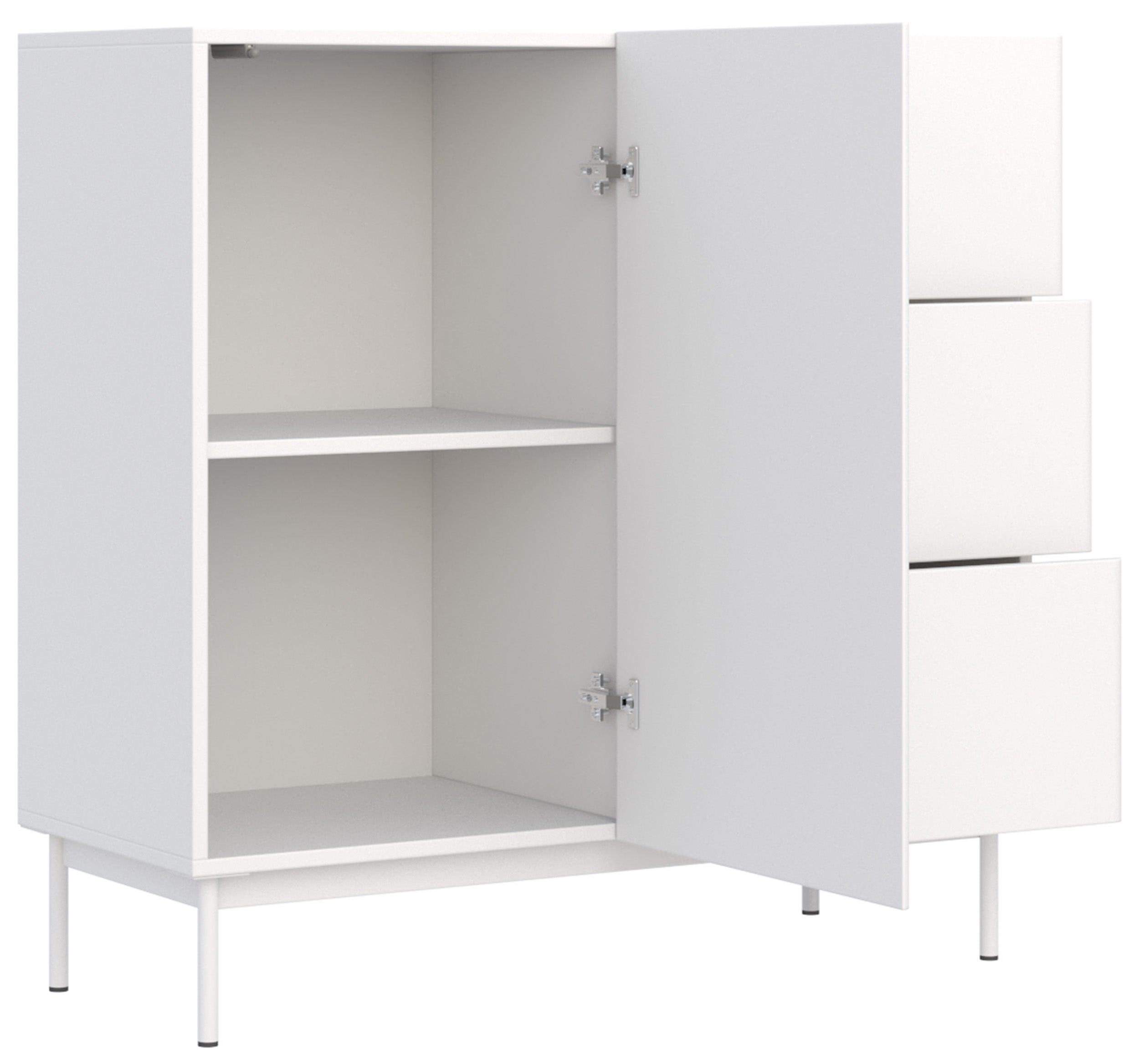Komoda jednodrzwiowa Olio z trzema szufladami 100 cm biała - otwieranie push open