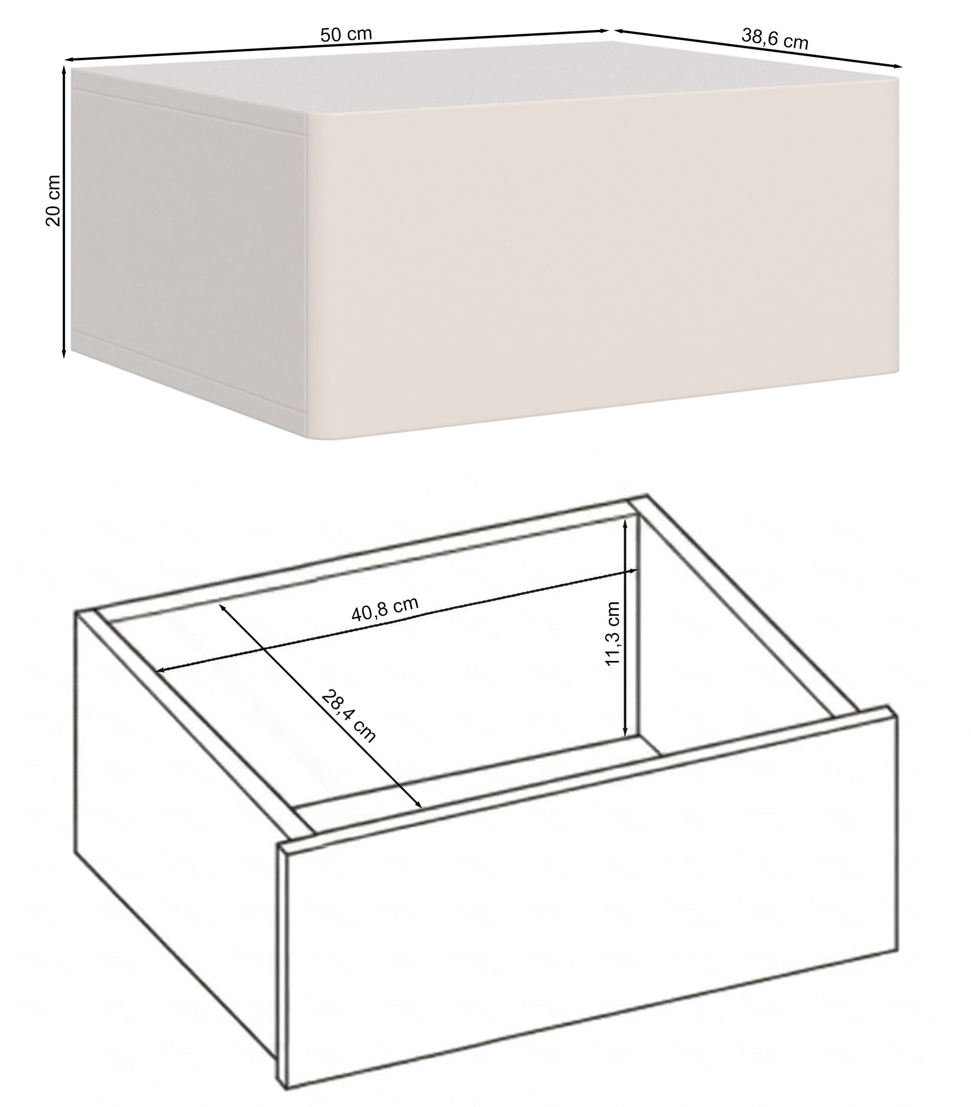 Rysunek wymiarowy - Szafka nocna Olio z szufladą wisząca 50 cm biała: szerokość 50 cm, głębokość 38,6 cm, wysokość 20 cm