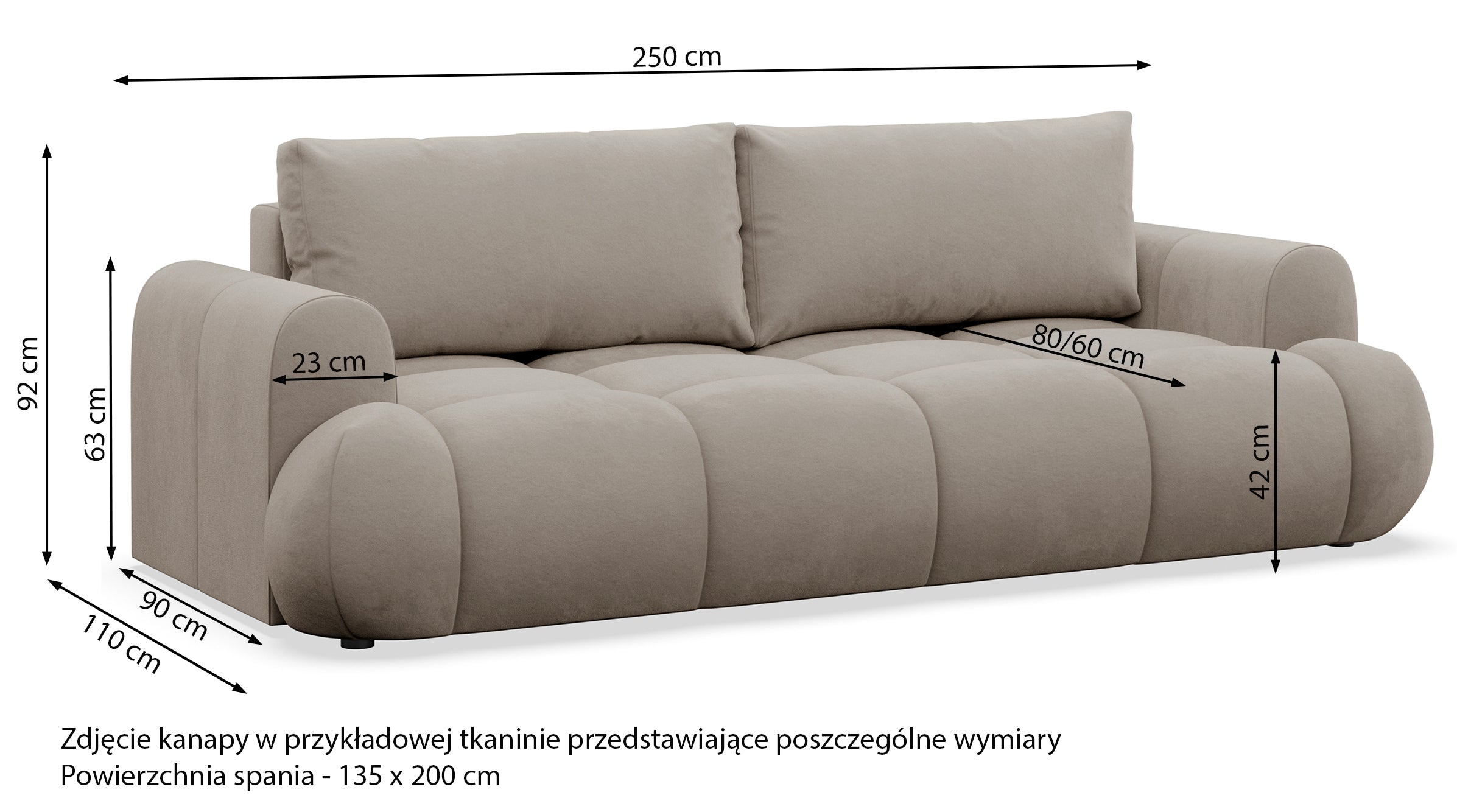 Rysunek wymiarowy - Kanapa rozkładana Ombo: szerokość 250 cm, głębokość 110 cm, wysokość 92 cm