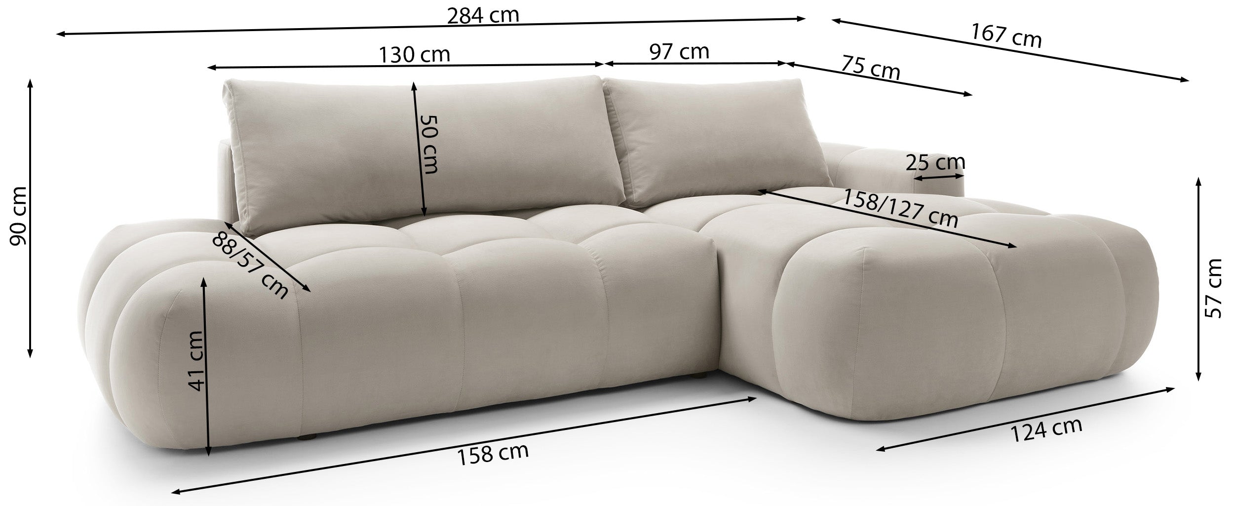 Rysunek wymiarowy - Narożnik Ombo szarobeżowy welur hydrofobowy lewostronny: szerokość 284 cm, głębokość 167 cm, wysokość 90 cm