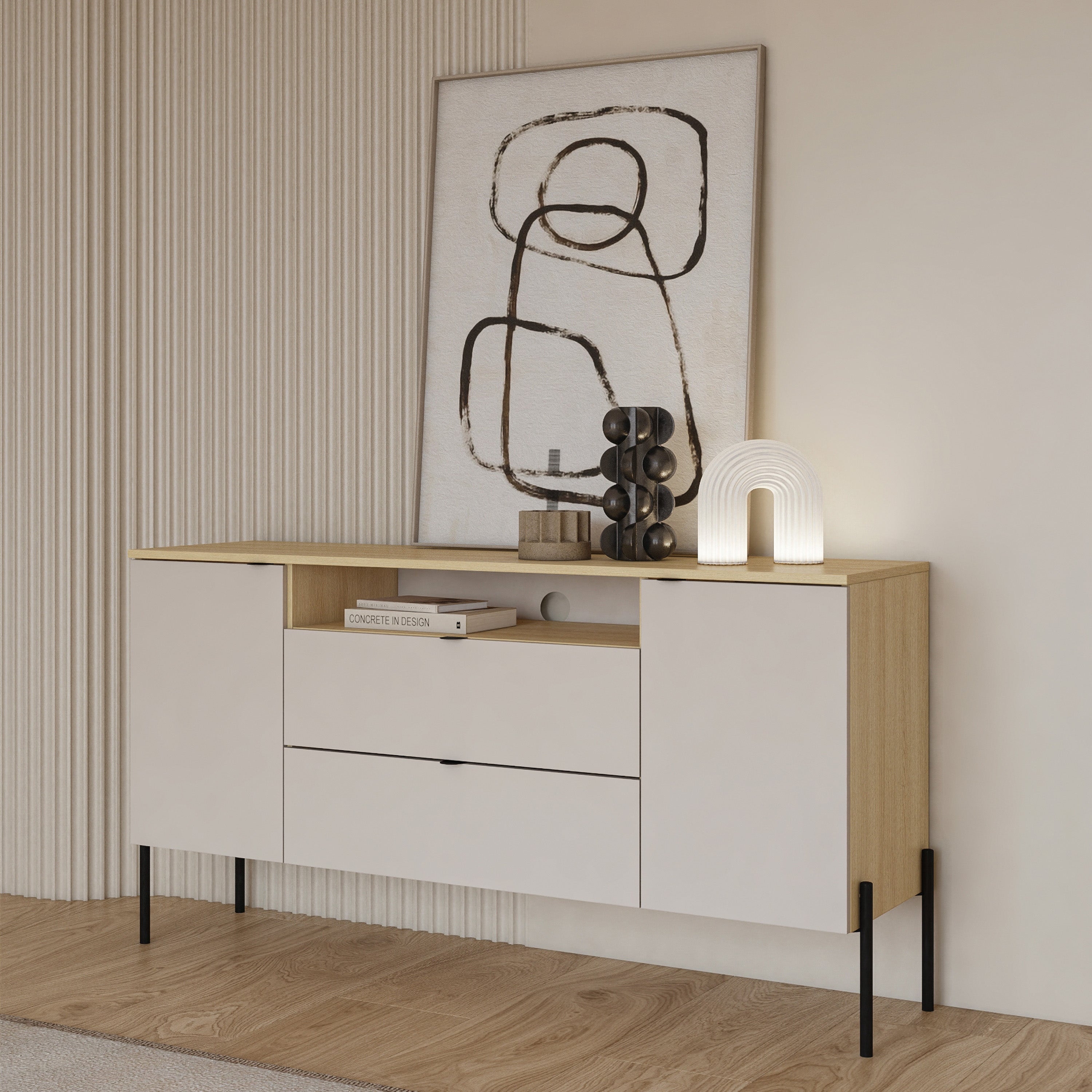 Komoda dwudrzwiowa Ore z dwiema szufladami 140 cm dąb lindberg/kaszmir - z cichym domykiem