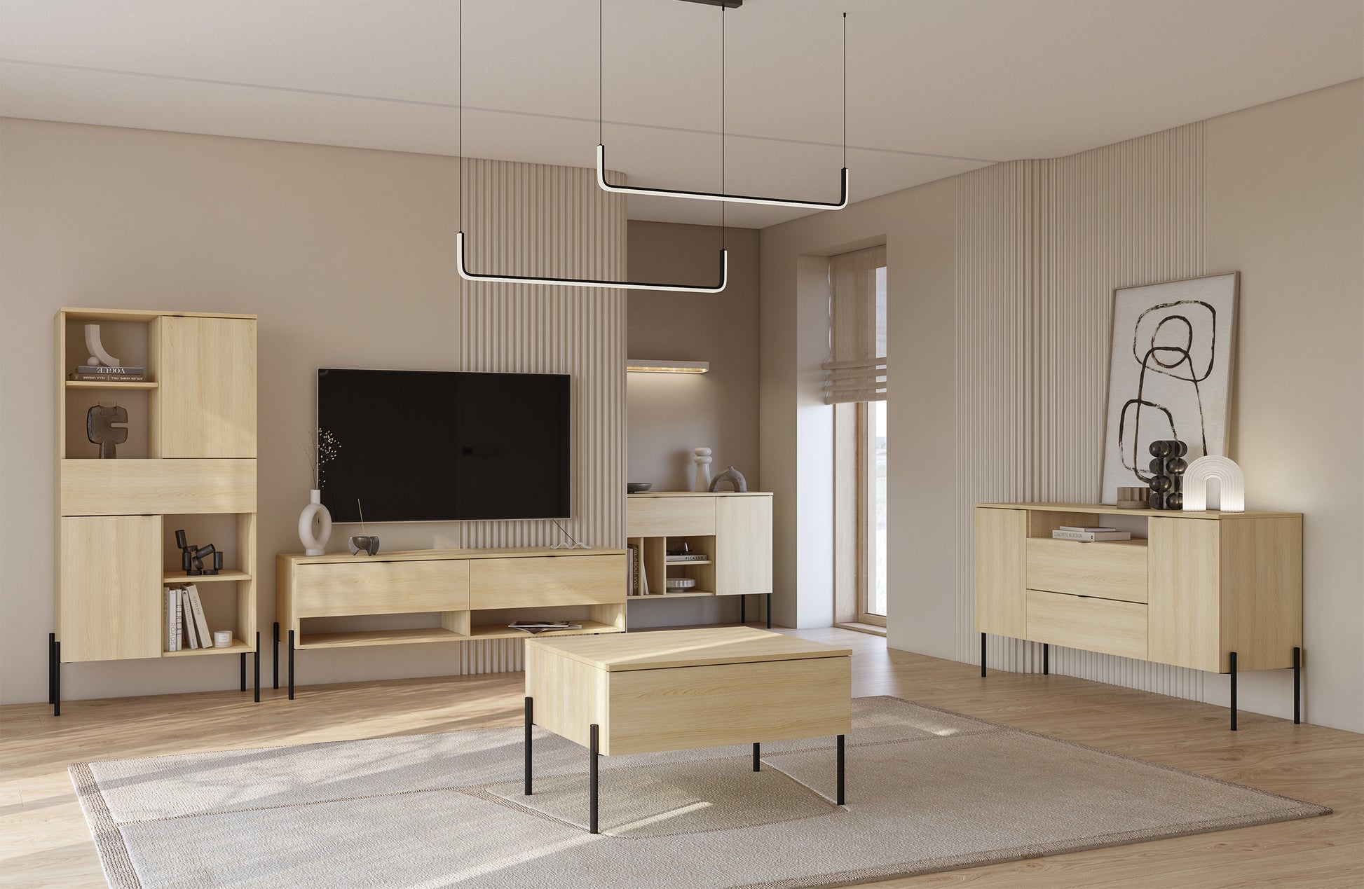 Komoda dwudrzwiowa Ore z dwiema szufladami 140 cm dąb lindberg w aranżacji salonu