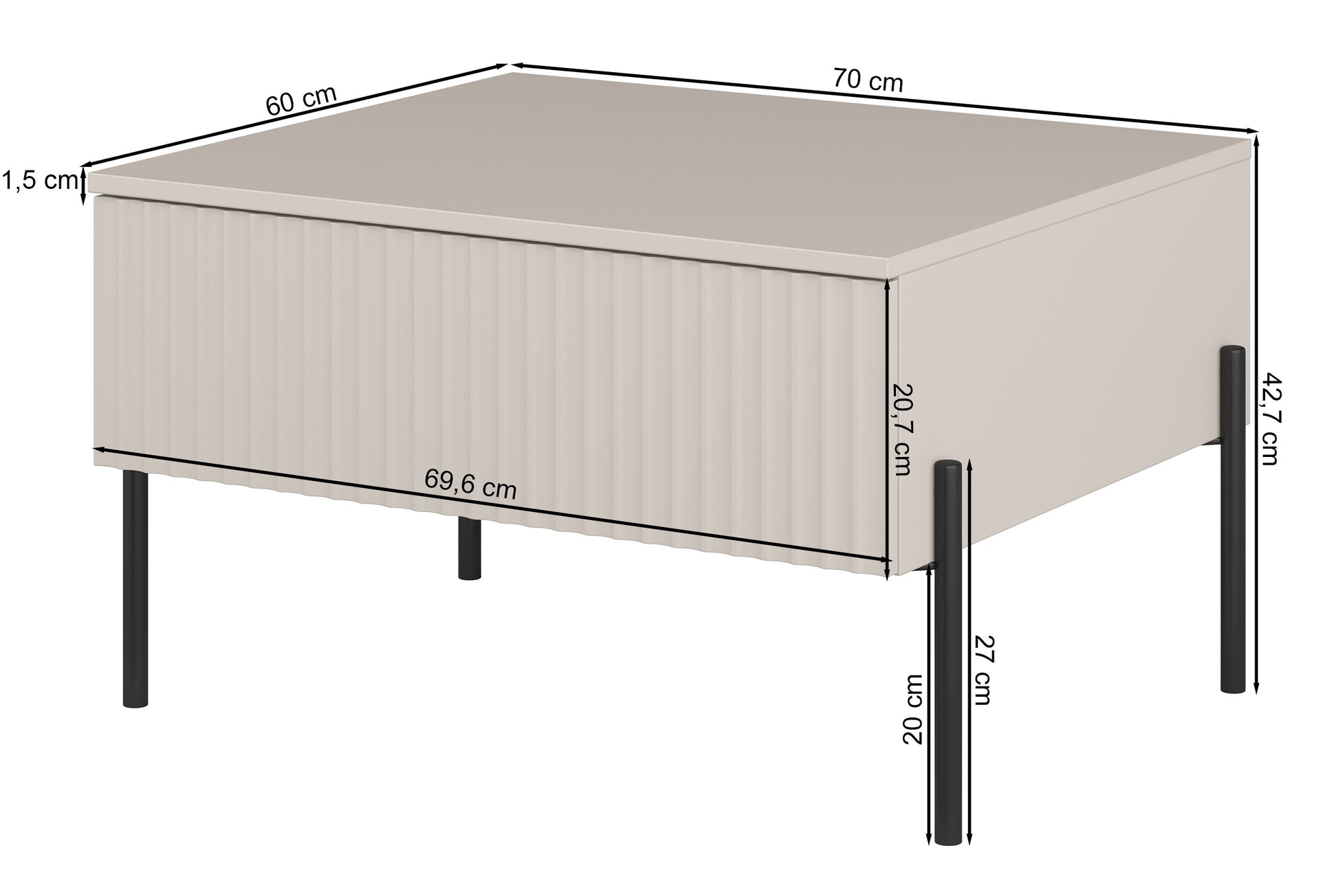 Rysunek wymiarowy - Ława Ore dąb lindberg/kaszmir: szerokość 70 cm, głębokość 60 cm, wysokość 42,7 cm
